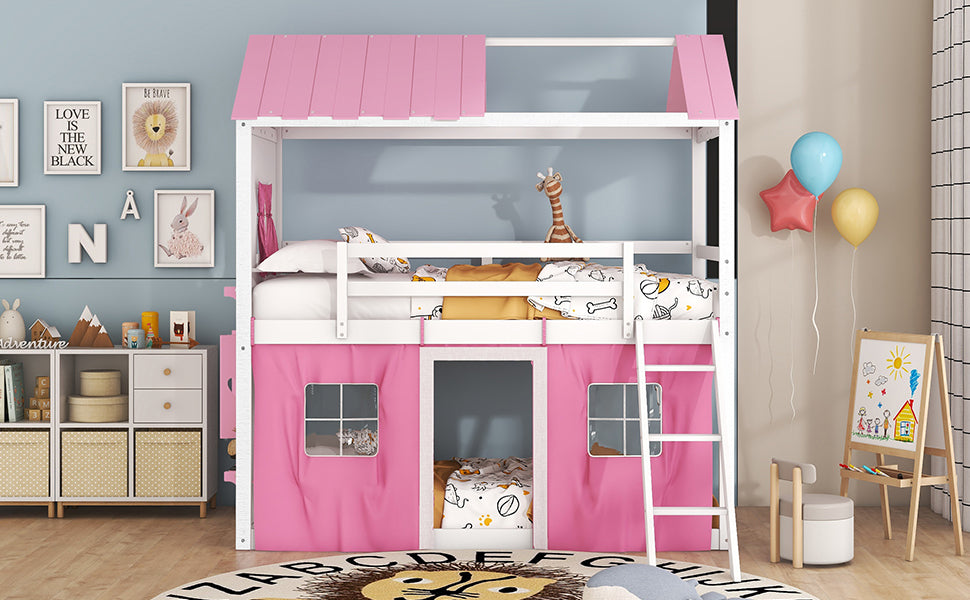 Twin Size Bunk Wood House Bed With Elegant Windows, Sills And Tent, Pink White Twin Pink White Solid Wood Mdf