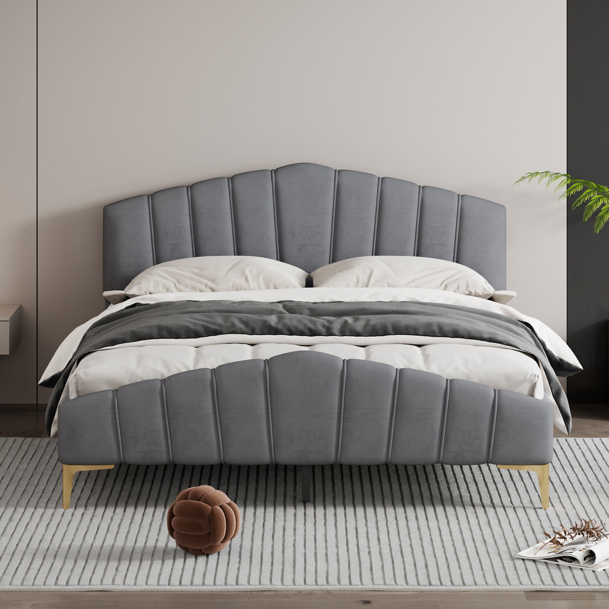 Queen Size Velvet Platform Bed With Thick Fabric, Stylish Stripe Decorated Bedboard And Elegant Metal Bed Leg, Gray Gray Velvet