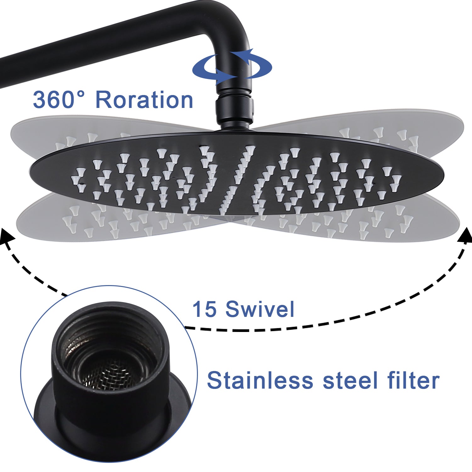 Rain Shower Head High Flow Round Rainfall Showerhead Waterfall Full Body Coverage Universal Ceiling Or Wall Mount 16 Inch Black Matte Black Stainless Steel