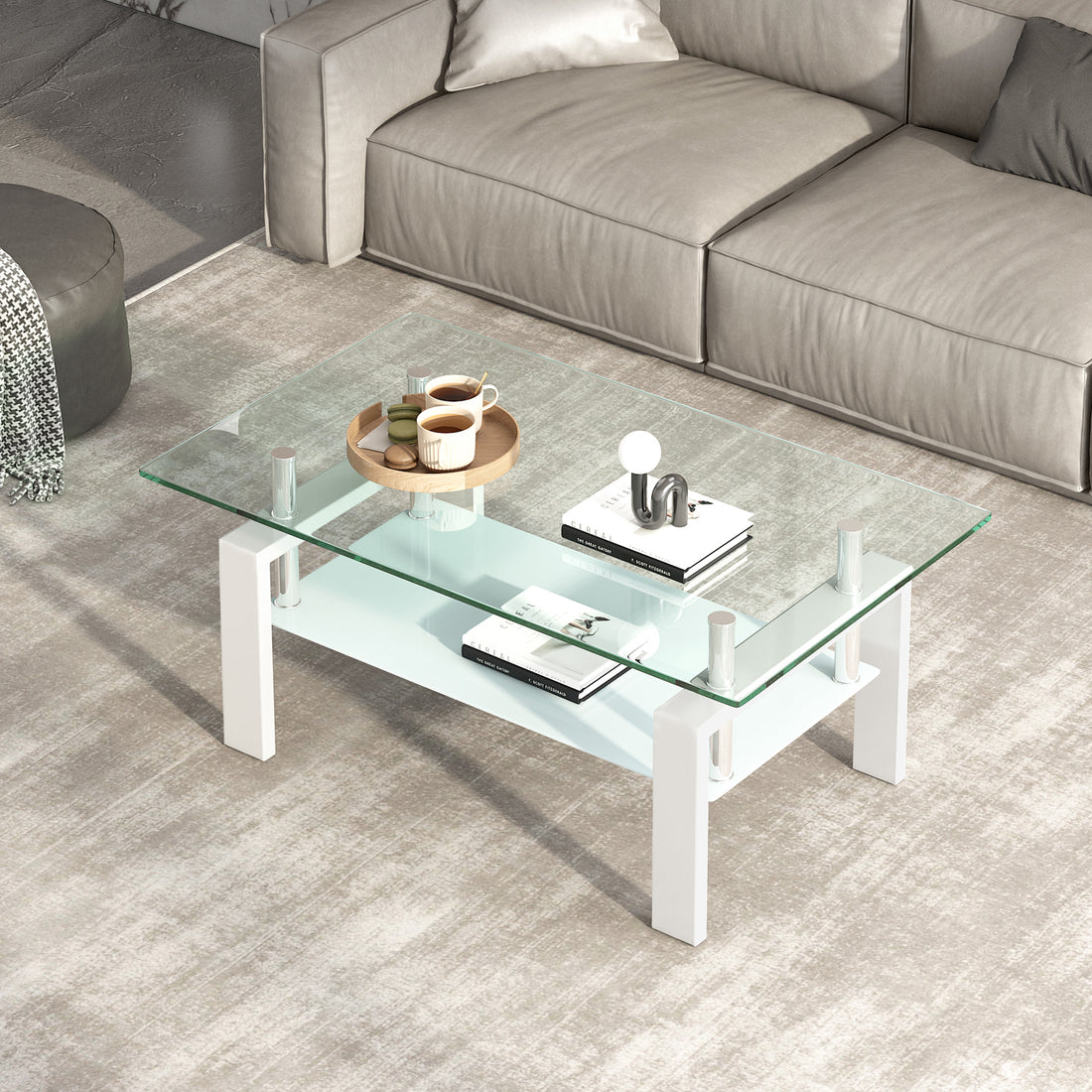 Tempered Clear Glass Coffee Table, 2 Layers Coffee Table Living Room Center Table Transparent Glass