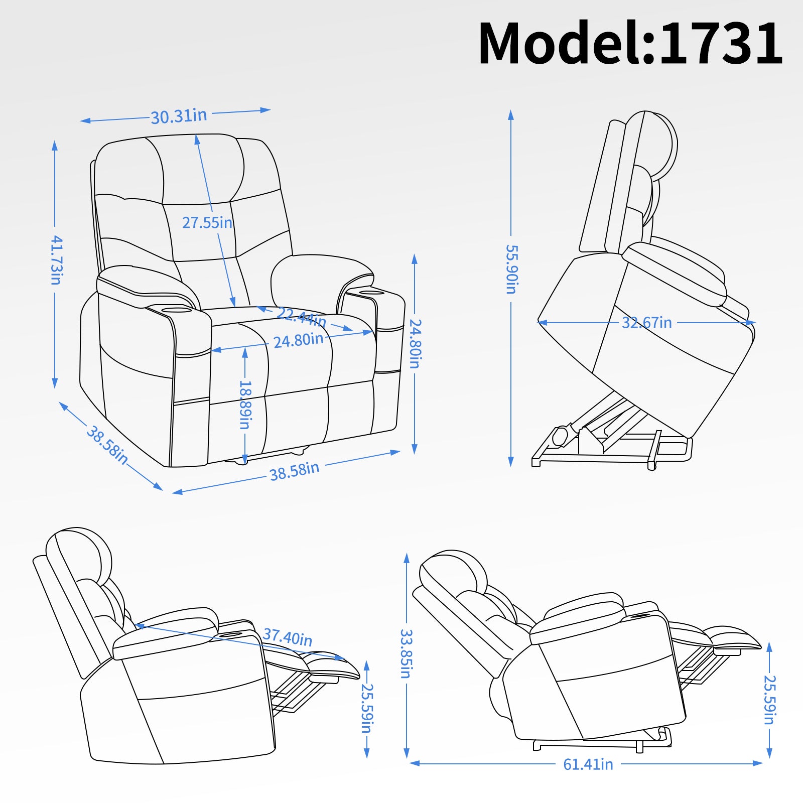 Okin Motor Up To 350 Lbs Power Lift Recliner Chair, Heavy Duty Motion Mechanism With 8 Point Vibration Massage And Lumbar Heating, Cup Holders, Usb And Type C Ports, Removable Cushions, Grey White Metal Primary Living Space Heavy Duty Pine Grey