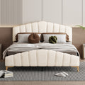 Queen Size Velvet Platform Bed With Thick Fabric, Stylish Stripe Decorated Bedboard And Elegant Metal Bed Leg, Beige Beige Velvet