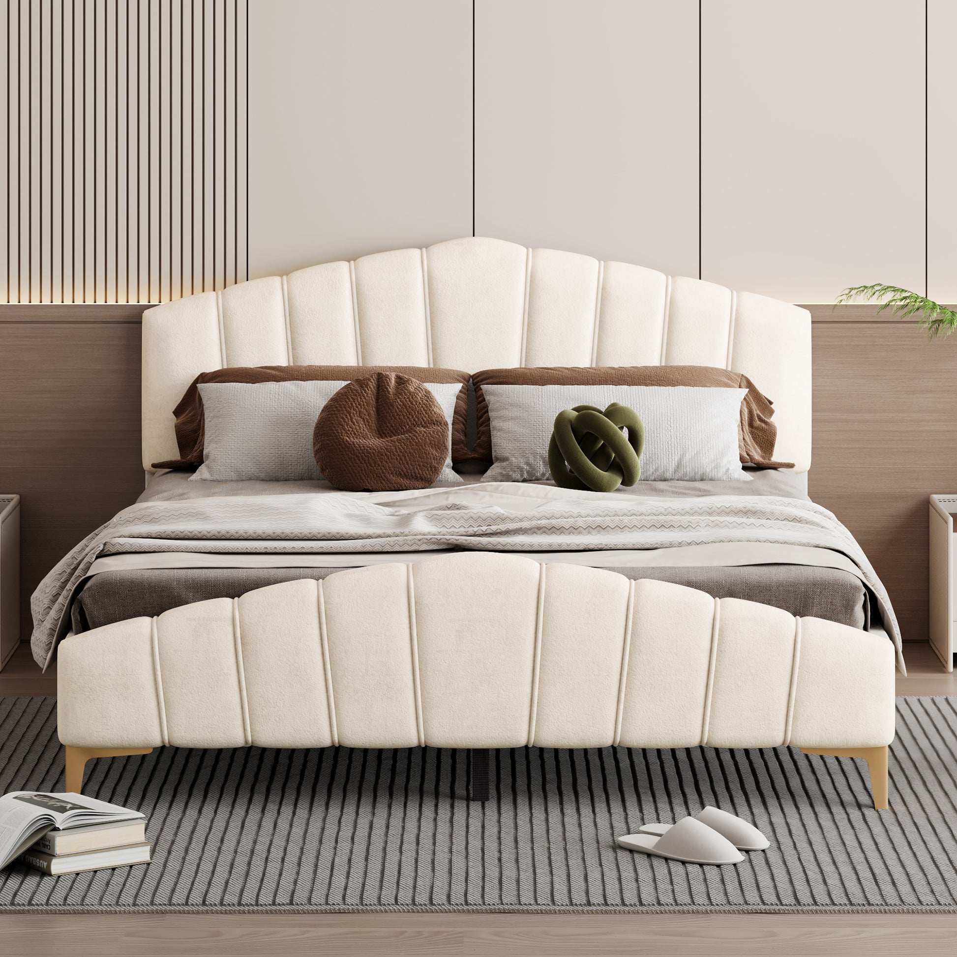 Queen Size Velvet Platform Bed With Thick Fabric, Stylish Stripe Decorated Bedboard And Elegant Metal Bed Leg, Beige Beige Velvet