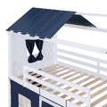 Twin Size Bunk Wood House Bed With Elegant Windows, Sills And Tent, Blue White Twin White Blue Solid Wood Mdf
