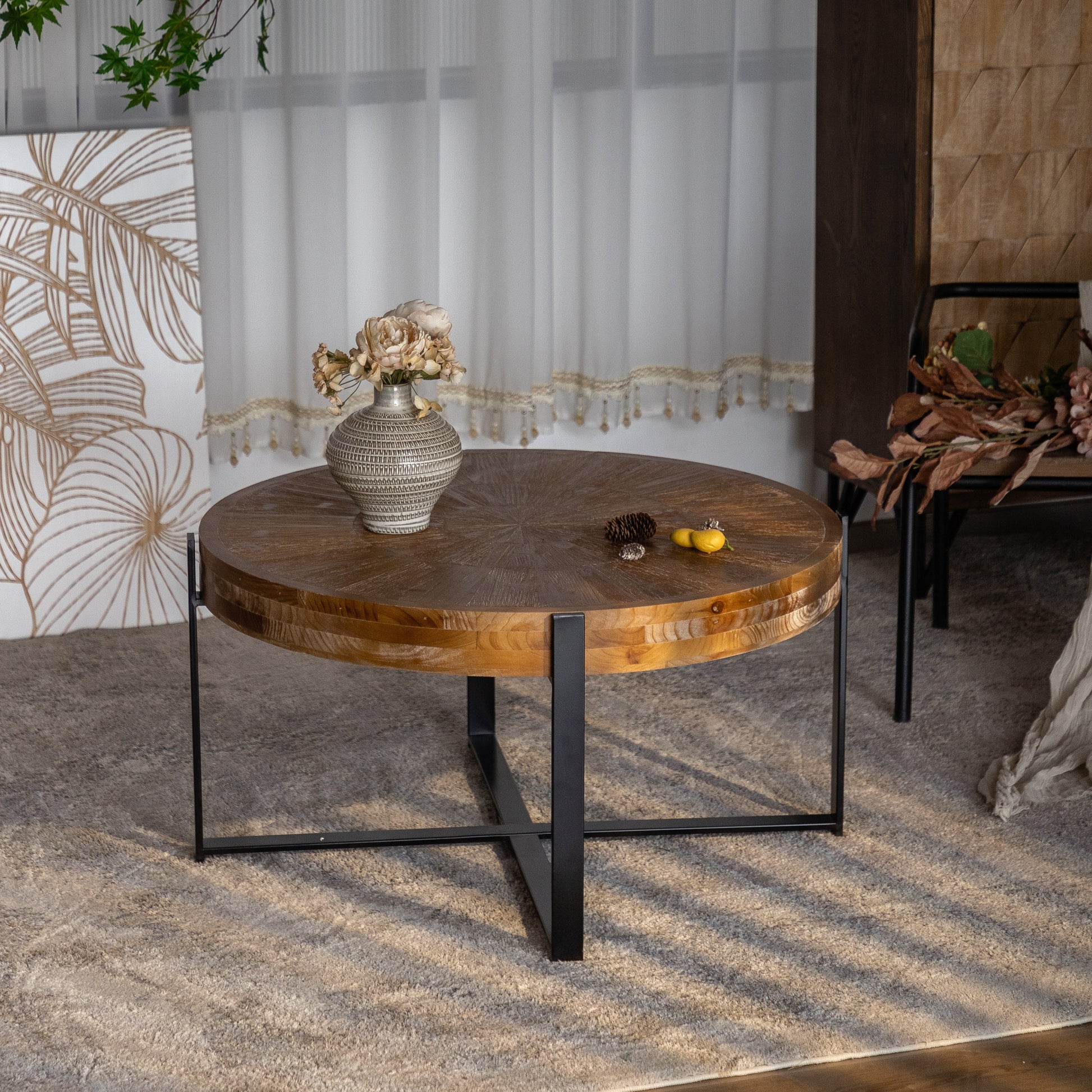 33.46"Retro Drawing Technology Splicing Round Coffee Table,Fir Wood Table Top With Black Cross Legs Base Natural Mdf Steel
