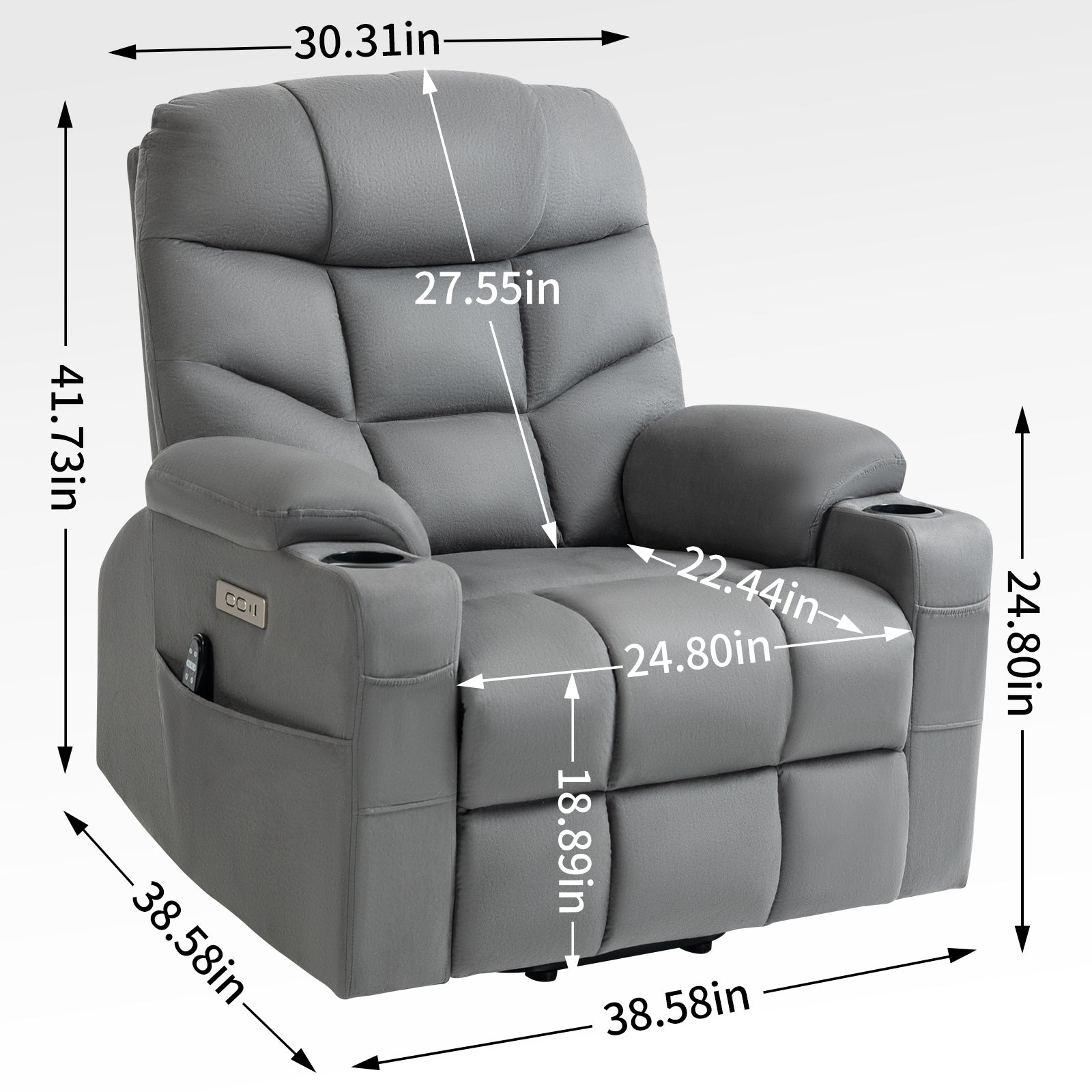 Okin Motor Up To 350 Lbs Power Lift Recliner Chair, Heavy Duty Motion Mechanism With 8 Point Vibration Massage And Lumbar Heating, Cup Holders, Usb And Type C Ports, Removable Cushions, Grey White Metal Primary Living Space Heavy Duty Pine Grey