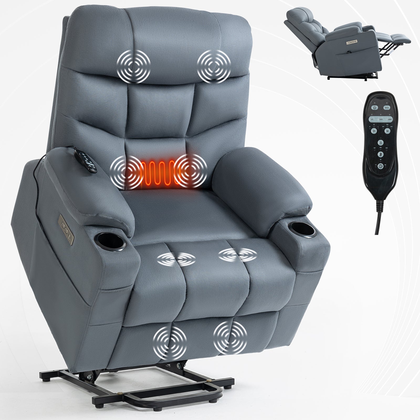 Up To 350 Lbs Power Lift Recliner Chair, Heavy Duty Motion Mechanism With 8 Point Vibration Massage And Lumbar Heating, Cup Holders, Usb And Type C Ports, Removable Cushions, Blue White Metal Primary Living Space Heavy Duty Pine Blue Gray Microfiber