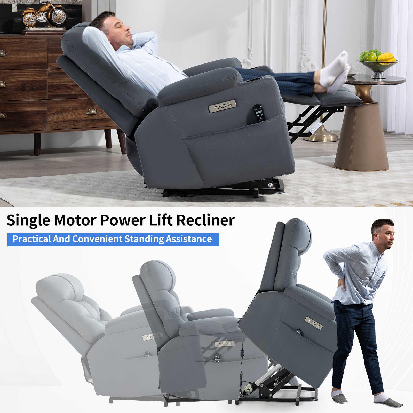 Up To 350 Lbs Power Lift Recliner Chair, Heavy Duty Motion Mechanism With 8 Point Vibration Massage And Lumbar Heating, Cup Holders, Usb And Type C Ports, Removable Cushions, Blue White Metal Primary Living Space Heavy Duty Pine Blue Gray Microfiber