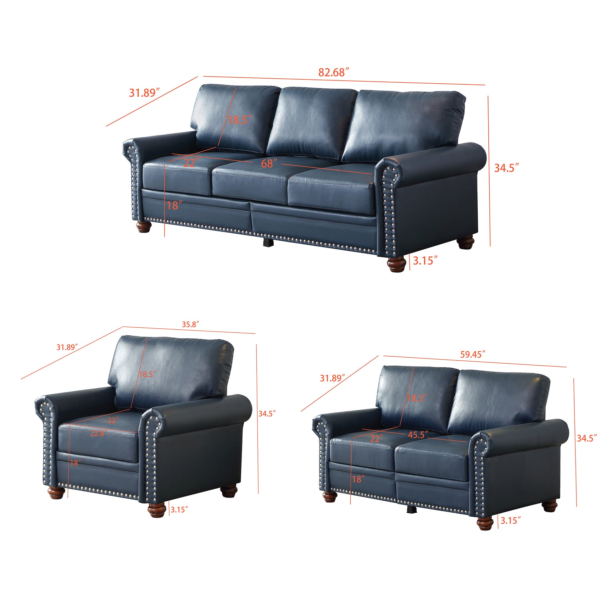 Living Room Sofa With Storage Sofa 1 2 3 Sectional Navy Blue Faux Leather Navy Blue Foam Pu Leather