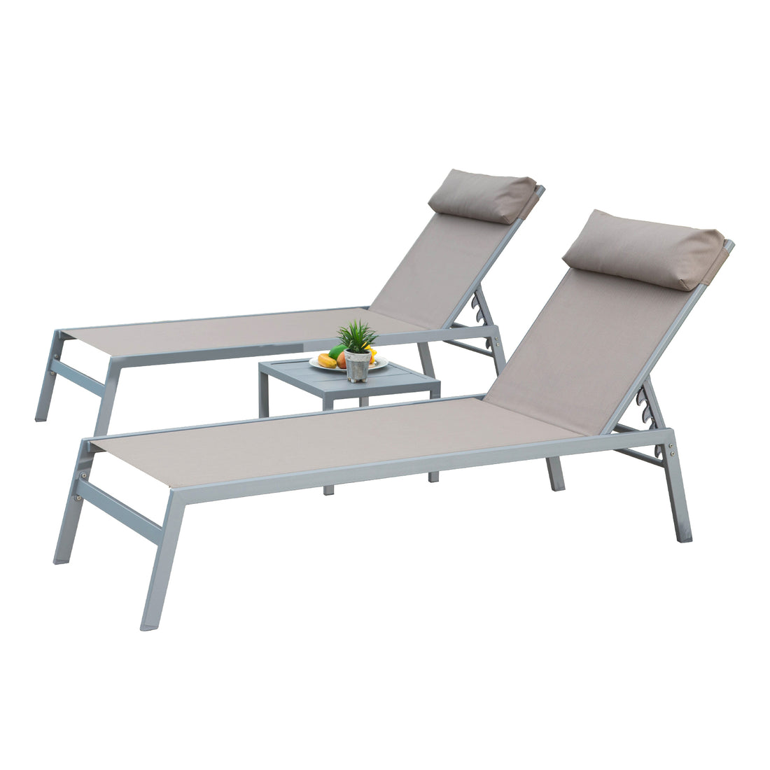 Patio Chaise Lounge Set Of 3, Aluminum Lounge Chairs With 5 Adjustable Positions, Outdoor Chaise Lounge For Pool, Deck, Garden, Backyard, Sunbathing Khaki,2 Lounge Chairs 1 Table Khaki Aluminium