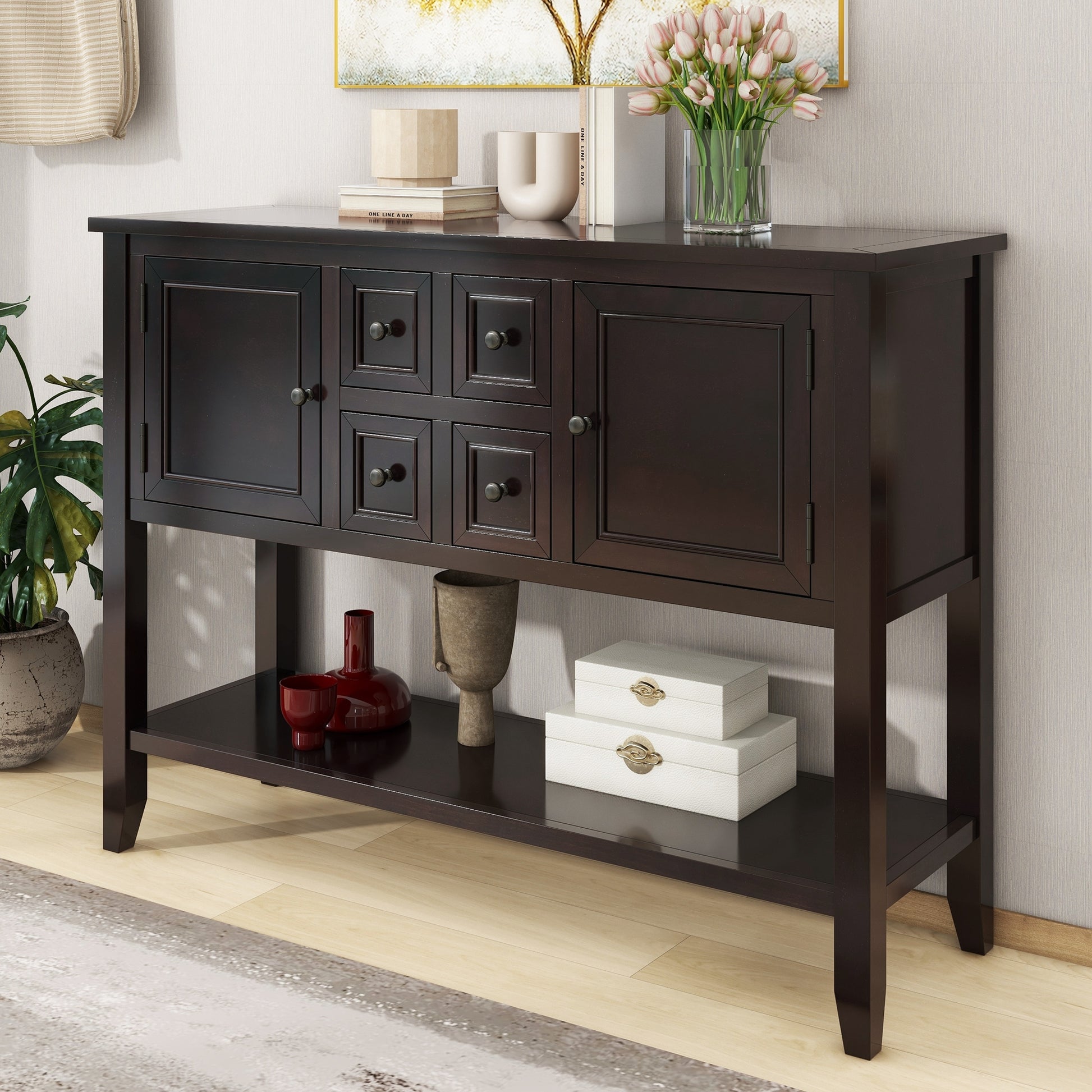 Cambridge Series Large Storage Vintage Console Table With Four Small Drawers And Bottom Shelf For Living Rooms, Entrances And Kitchens Espresso, Old Sku: Wf190263Aap Espresso Solid Wood Mdf