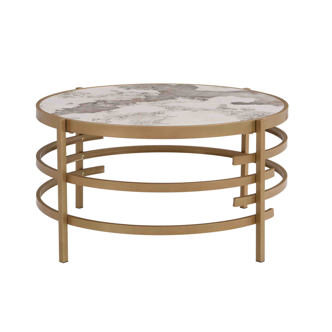 32.48'' Round Coffee Table With Sintered Stone Top&Sturdy Metal Frame, Modern Coffee Table For Living Room, Golden Golden Iron