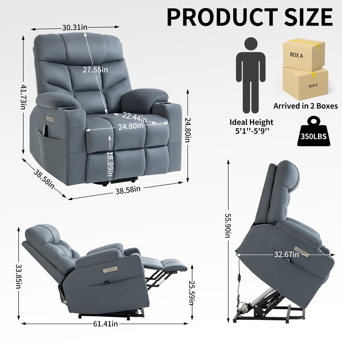 Up To 350 Lbs Power Lift Recliner Chair, Heavy Duty Motion Mechanism With 8 Point Vibration Massage And Lumbar Heating, Cup Holders, Usb And Type C Ports, Removable Cushions, Blue White Metal Primary Living Space Heavy Duty Pine Blue Gray Microfiber