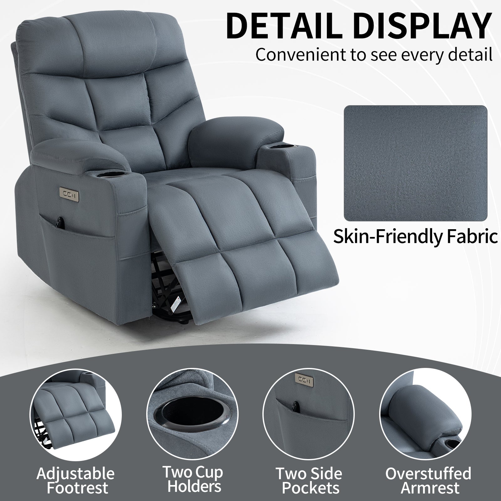 Up To 350 Lbs Power Lift Recliner Chair, Heavy Duty Motion Mechanism With 8 Point Vibration Massage And Lumbar Heating, Cup Holders, Usb And Type C Ports, Removable Cushions, Blue White Metal Primary Living Space Heavy Duty Pine Blue Gray Microfiber