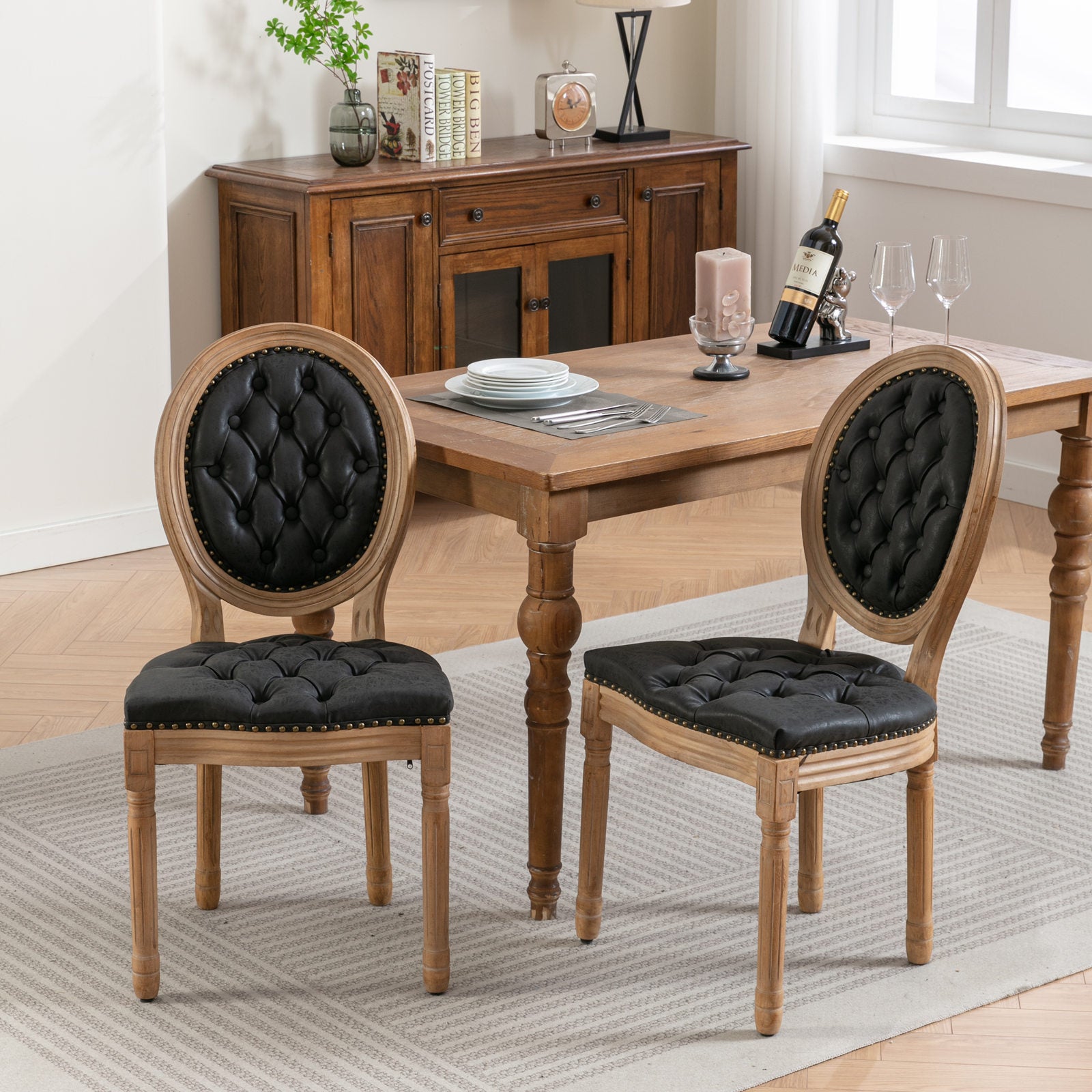 French Style Solid Wood Frame Antique Painting,Hand Pulled Buckle Decoration Pu Artificial Leather Dining Chair With Trim ,Wood Legs,Set Of 2,Black,Sw1839Bk Black Pu Dining Room American Design Rubberwood Foam Pu