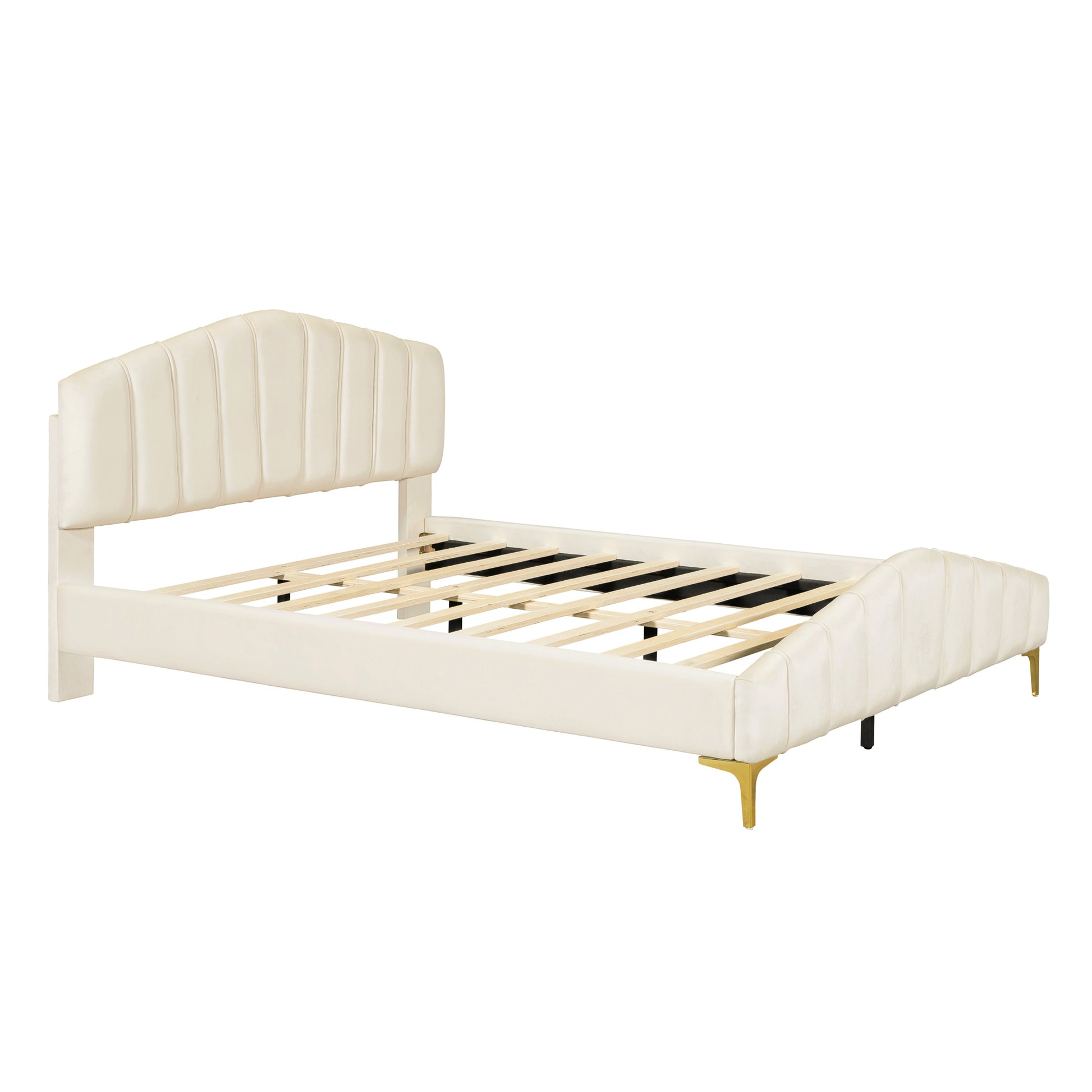 Queen Size Velvet Platform Bed With Thick Fabric, Stylish Stripe Decorated Bedboard And Elegant Metal Bed Leg, Beige Beige Velvet