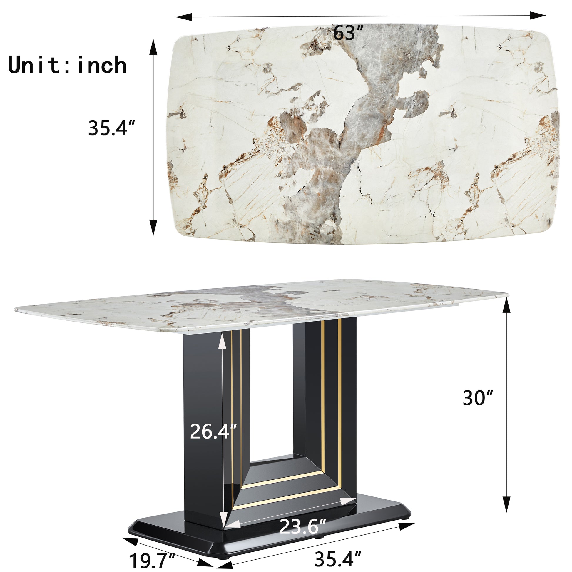 Rectangular 63" Marble Dining Table, Luxurious Dining Room Table With Faux Marble Top And U Shape Mdf Base, Modern Kitchen Dining Table For Kitchen Living Dining Room White Black Luxury,Modern Mdf