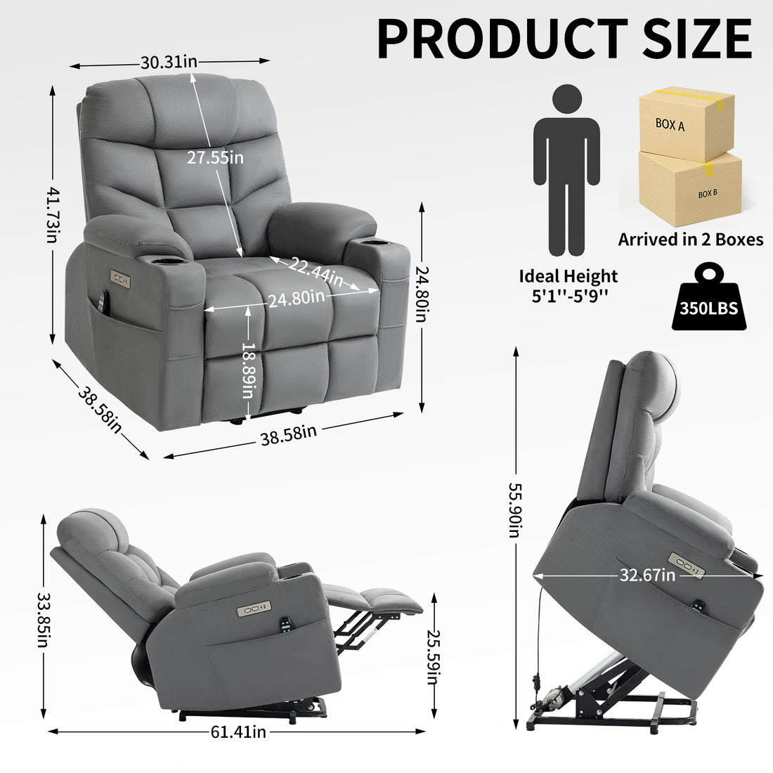 Okin Motor Up To 350 Lbs Power Lift Recliner Chair, Heavy Duty Motion Mechanism With 8 Point Vibration Massage And Lumbar Heating, Cup Holders, Usb And Type C Ports, Removable Cushions, Grey White Metal Primary Living Space Heavy Duty Pine Grey