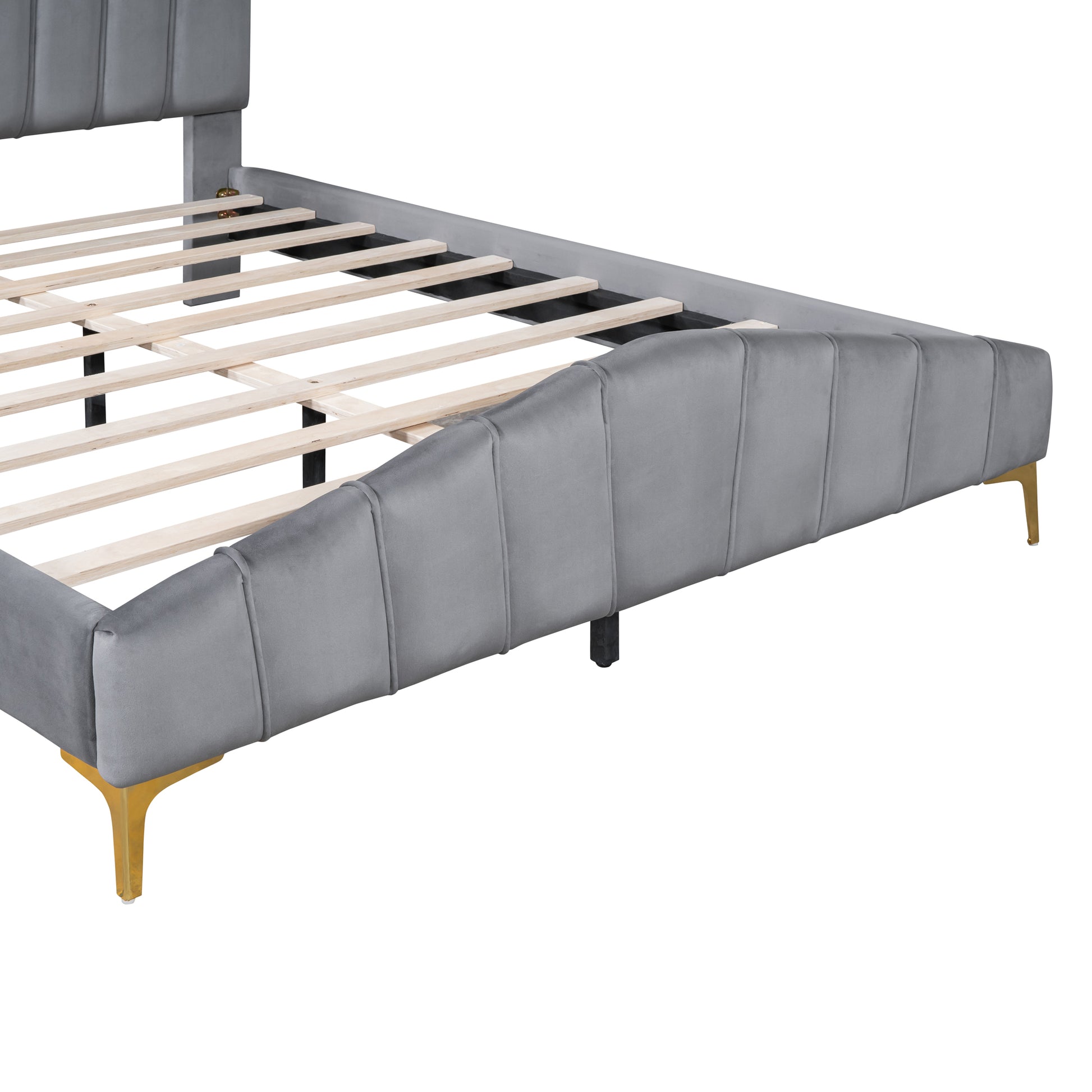 Queen Size Velvet Platform Bed With Thick Fabric, Stylish Stripe Decorated Bedboard And Elegant Metal Bed Leg, Gray Gray Velvet