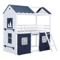 Twin Size Bunk Wood House Bed With Elegant Windows, Sills And Tent, Blue White Twin White Blue Solid Wood Mdf
