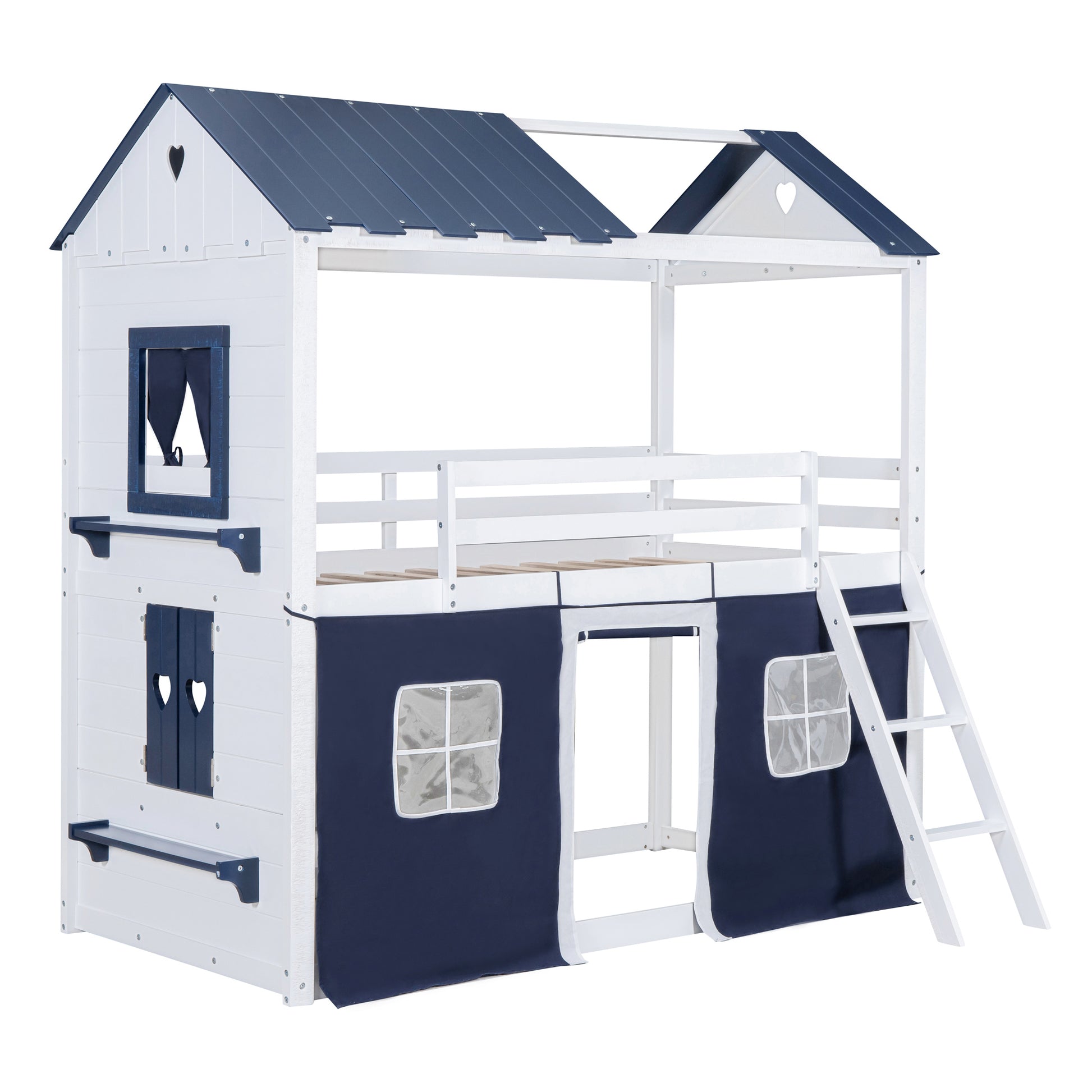 Twin Size Bunk Wood House Bed With Elegant Windows, Sills And Tent, Blue White Twin White Blue Solid Wood Mdf