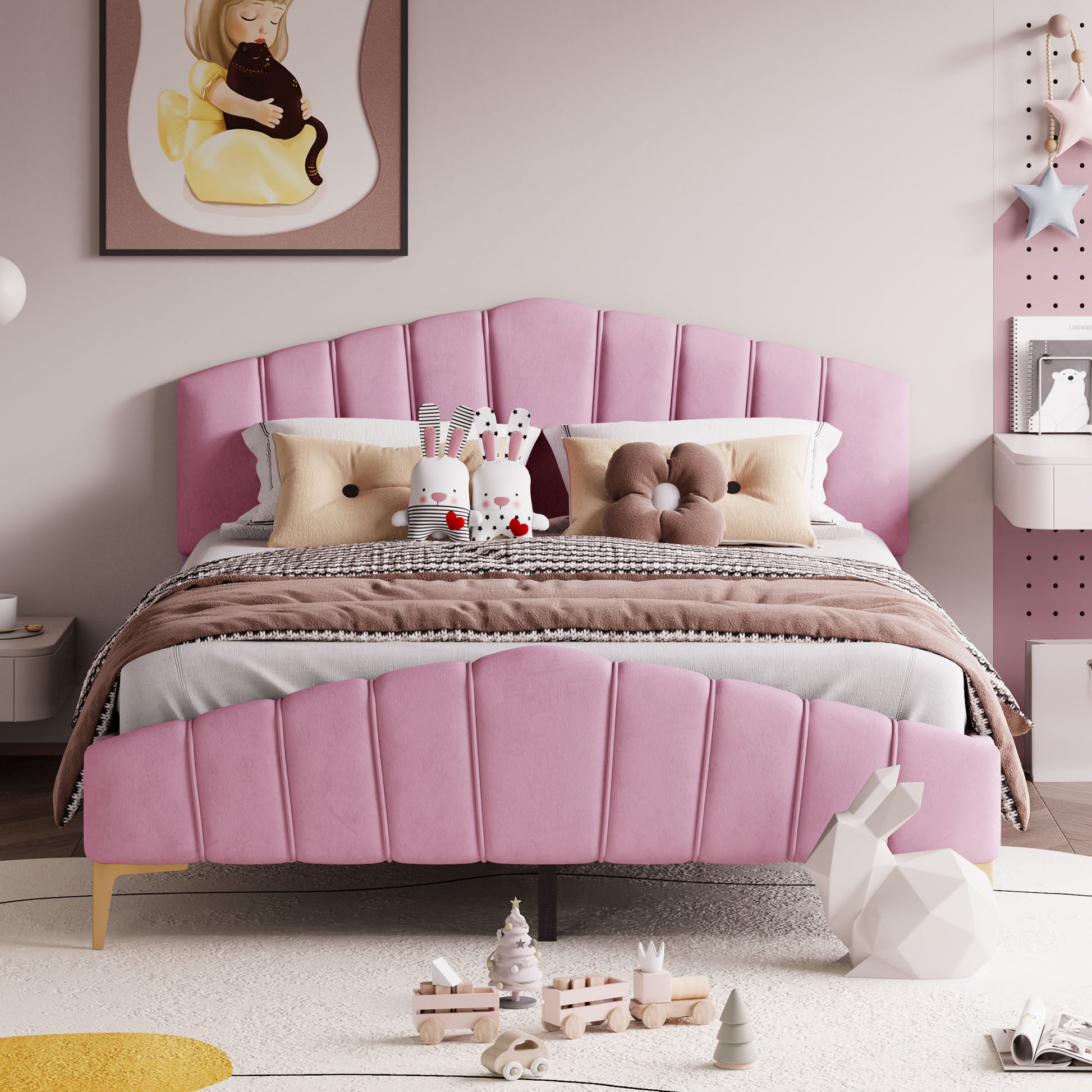 Queen Size Velvet Platform Bed With Thick Fabric, Stylish Stripe Decorated Bedboard And Elegant Metal Bed Leg, Pink Pink Velvet