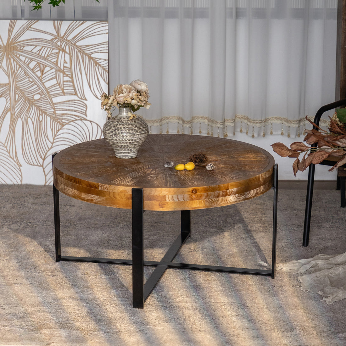 33.46"Retro Drawing Technology Splicing Round Coffee Table,Fir Wood Table Top With Black Cross Legs Base Natural Mdf Steel