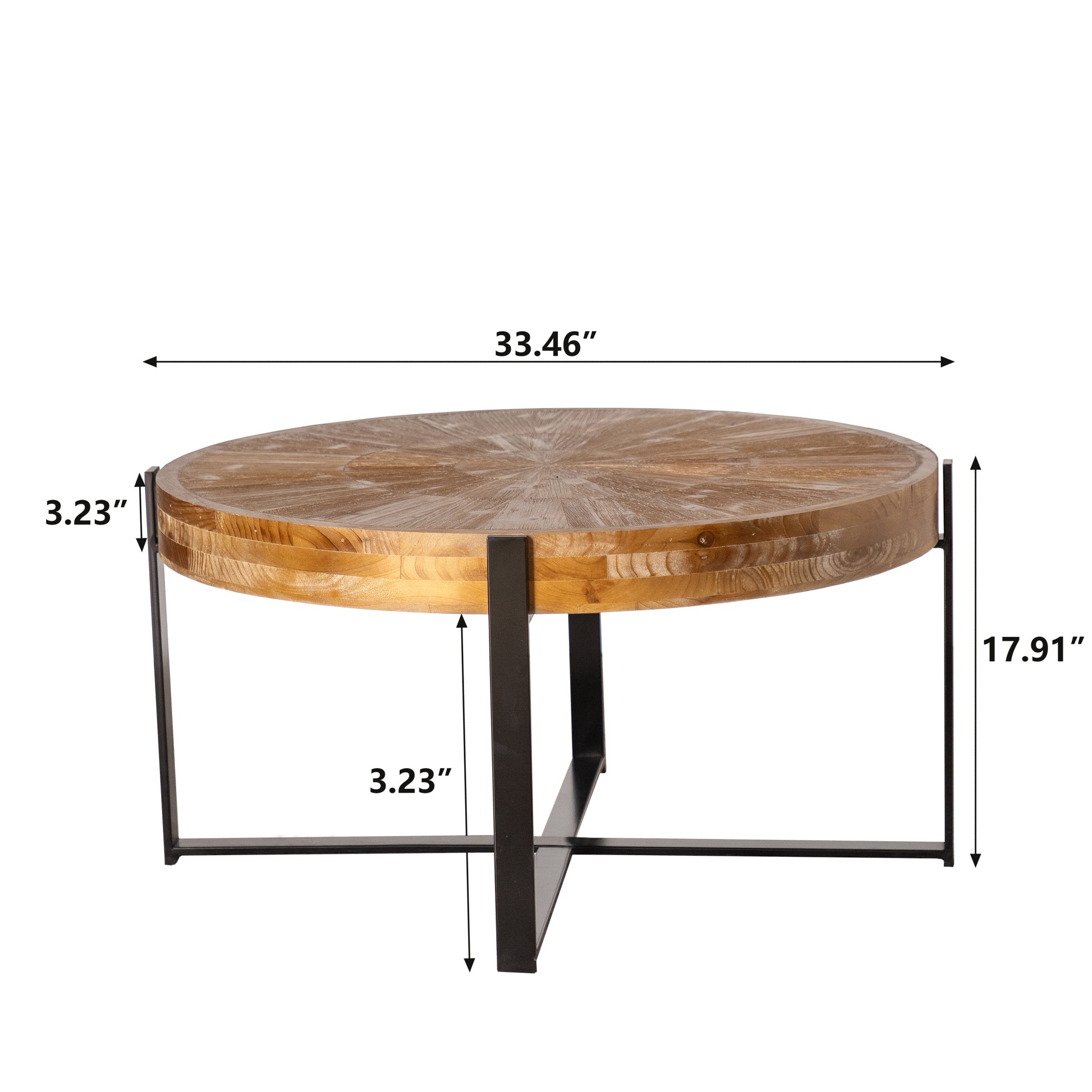 33.46"Retro Drawing Technology Splicing Round Coffee Table,Fir Wood Table Top With Black Cross Legs Base Natural Mdf Steel