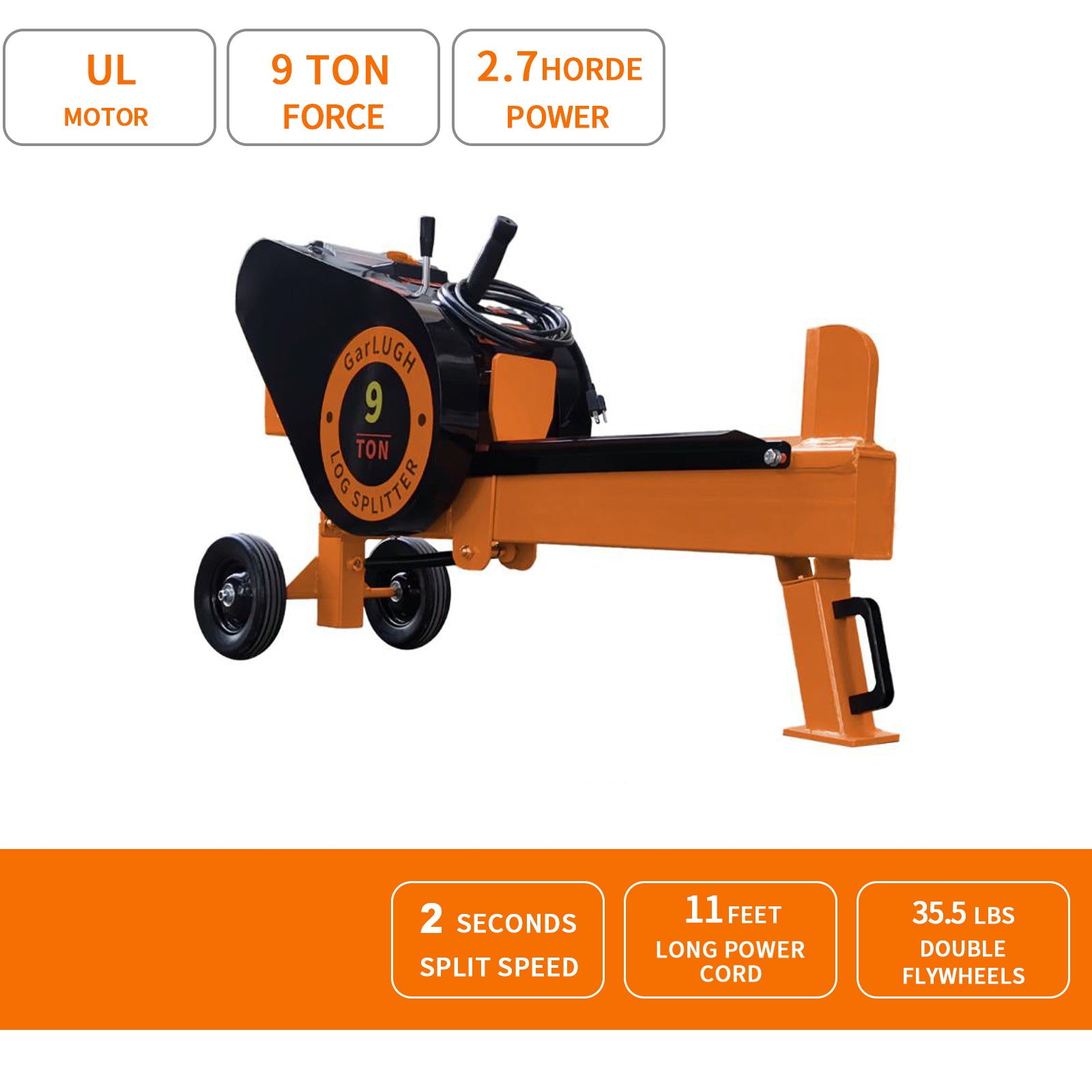 Garlugh Log Splitter 9 Ton Household Electric Powered 2.7Hp Horizontal Movable Fast Automatic Return Firewood Splitting Machine For Toughest Wood. Orange Multi Abs Rubber Steel Q235