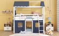 Twin Size Bunk Wood House Bed With Elegant Windows, Sills And Tent, Blue White Twin White Blue Solid Wood Mdf