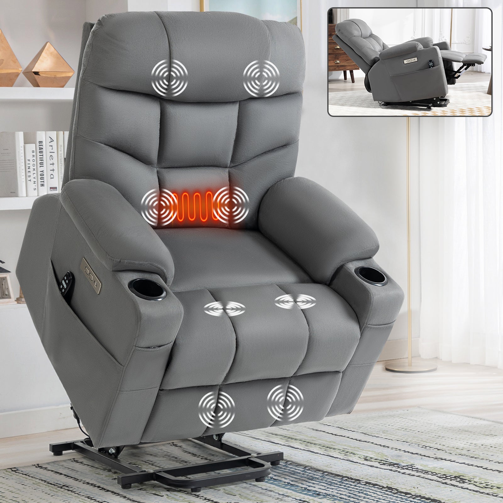 Okin Motor Up To 350 Lbs Power Lift Recliner Chair, Heavy Duty Motion Mechanism With 8 Point Vibration Massage And Lumbar Heating, Cup Holders, Usb And Type C Ports, Removable Cushions, Grey White Metal Primary Living Space Heavy Duty Pine Grey