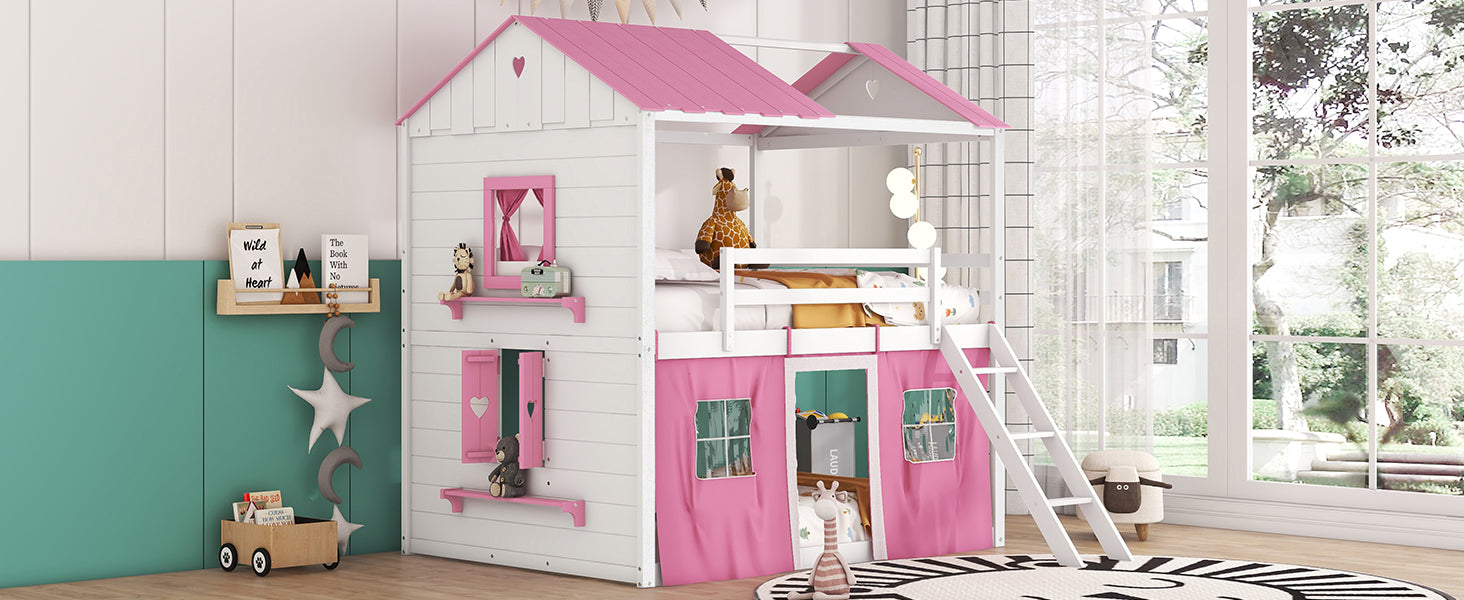 Full Size Bunk Wood House Bed With Elegant Windows, Sills And Tent, Pink White White Pink Solid Wood Mdf