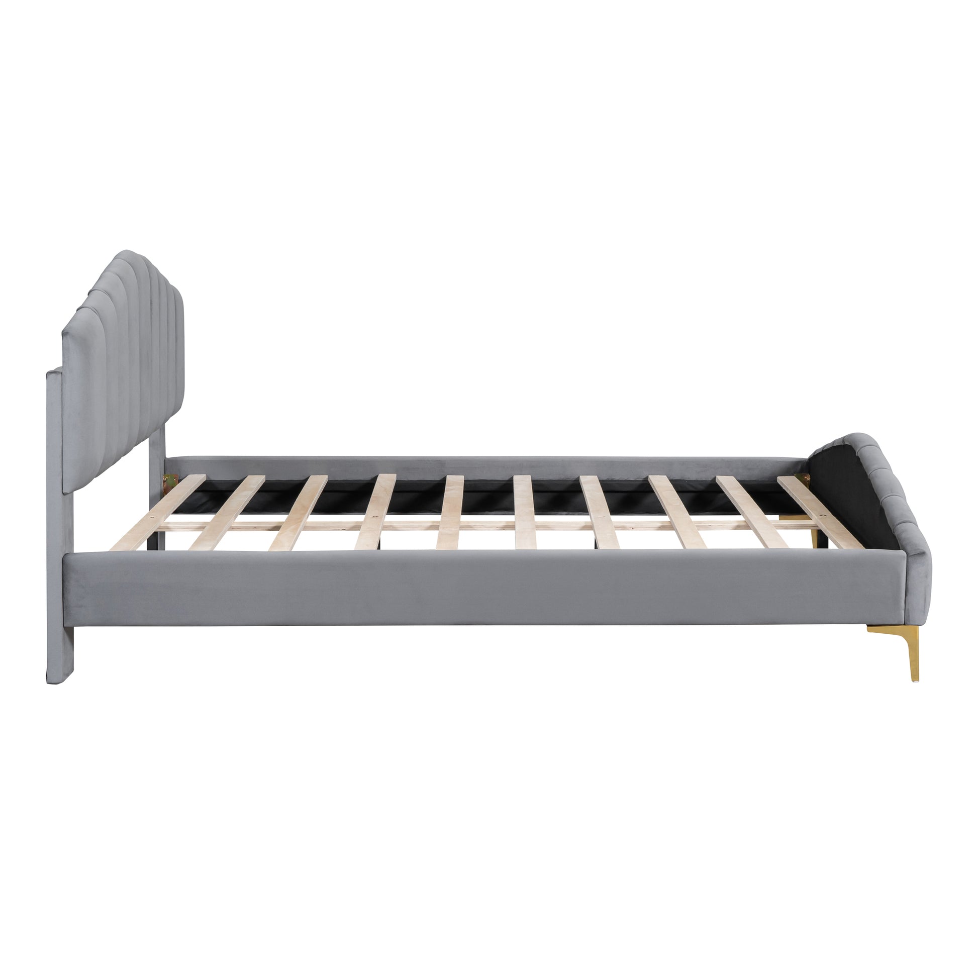 Queen Size Velvet Platform Bed With Thick Fabric, Stylish Stripe Decorated Bedboard And Elegant Metal Bed Leg, Gray Gray Velvet