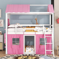 Twin Size Bunk Wood House Bed With Elegant Windows, Sills And Tent, Pink White Twin Pink White Solid Wood Mdf