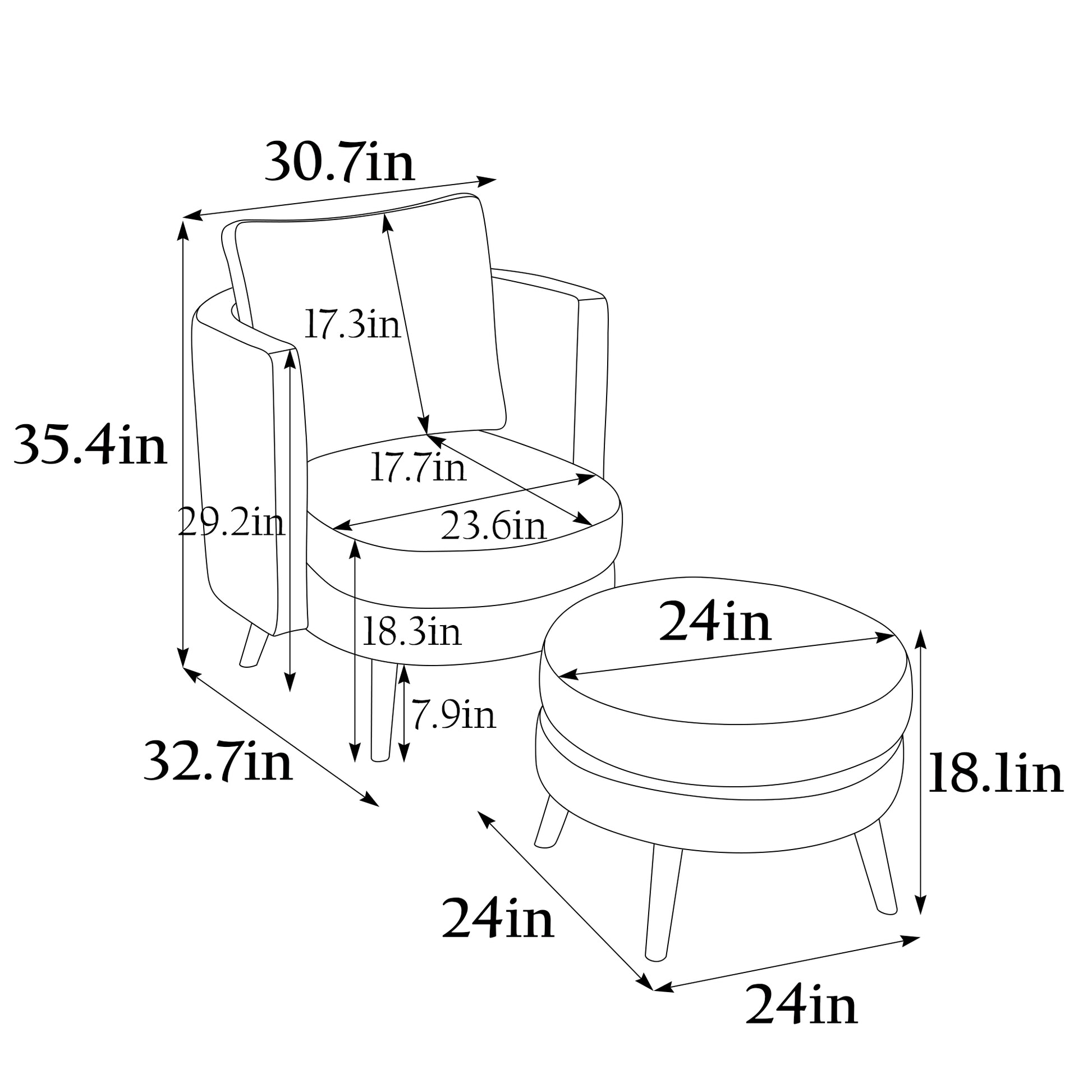 30.7" Wide Accent Chair With Ottoman Armchair Upholstered Reading Chair Single Sofa With Wooden Leg And Throw Pillow For Living Room Bedroom Dorm Room Office, Charcoal Polyester Blend Charcoal