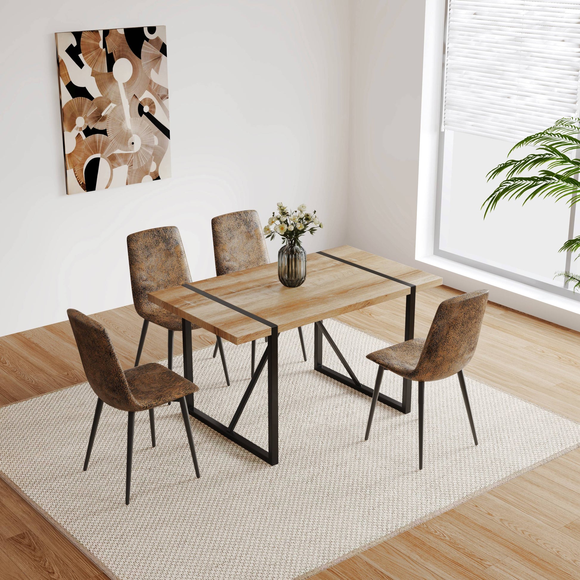 55" Mdf Wood Colour Dining Table And Modern Dining Chair Set Of 4, Mid Century Wooden Kitchen Table Set, Metal Base & Legs, Dining Room Table And Suede Chairs Natural Wood Brown Kitchen Mid Century