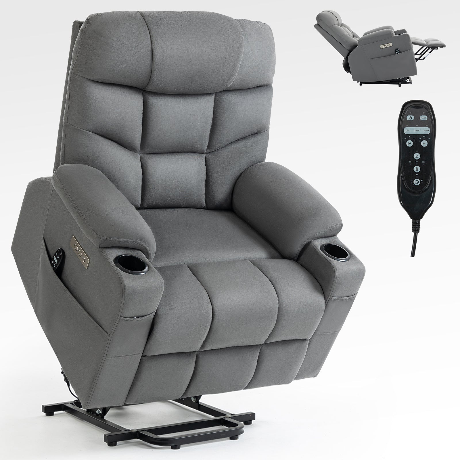 Okin Motor Up To 350 Lbs Power Lift Recliner Chair, Heavy Duty Motion Mechanism With 8 Point Vibration Massage And Lumbar Heating, Cup Holders, Usb And Type C Ports, Removable Cushions, Grey White Metal Primary Living Space Heavy Duty Pine Grey