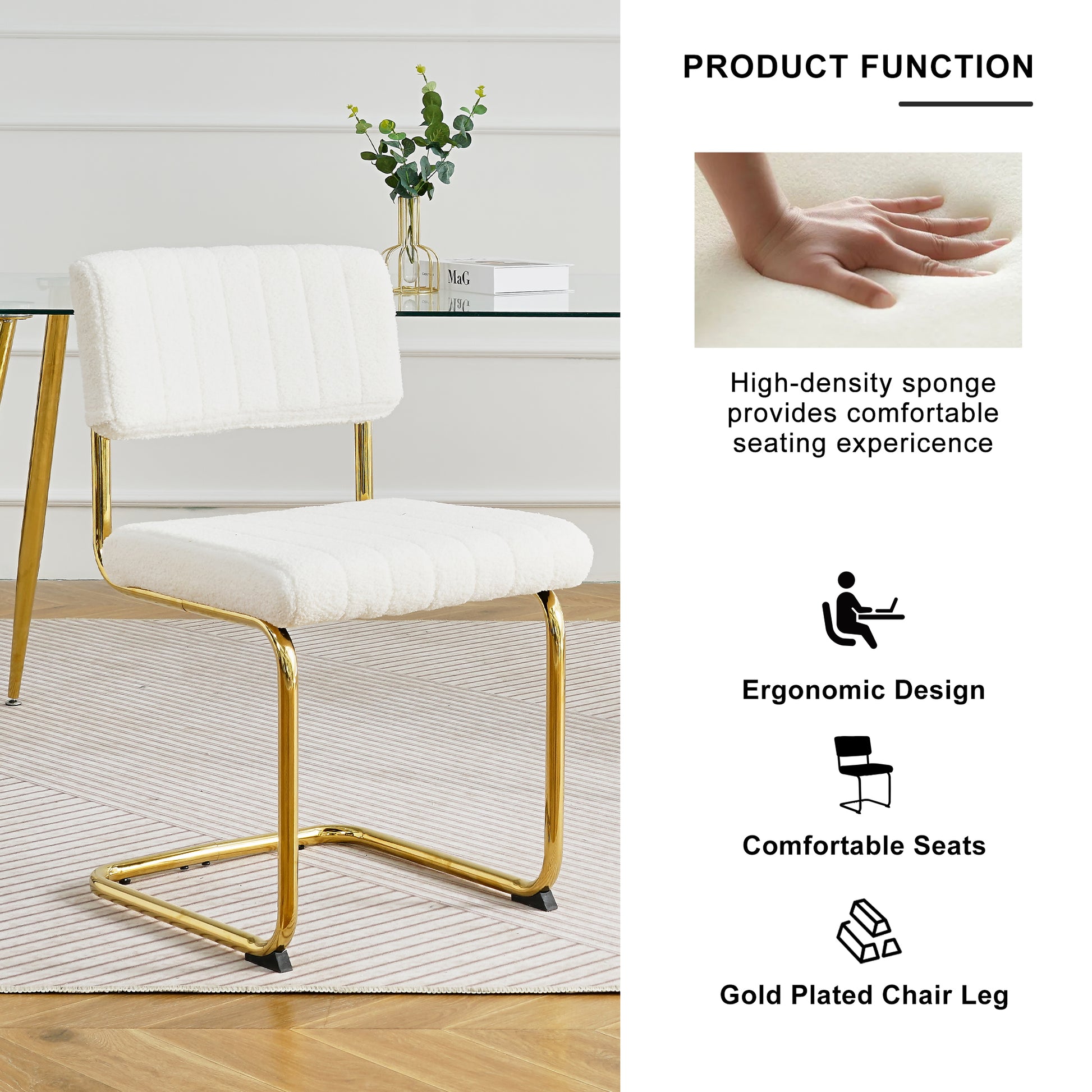 Modern Simple Light Luxury Dining White Chair Home Bedroom Stool Back Dressing Chair Student Desk Chair Gold Metal Legs Set Of 2 Metal White Teddy