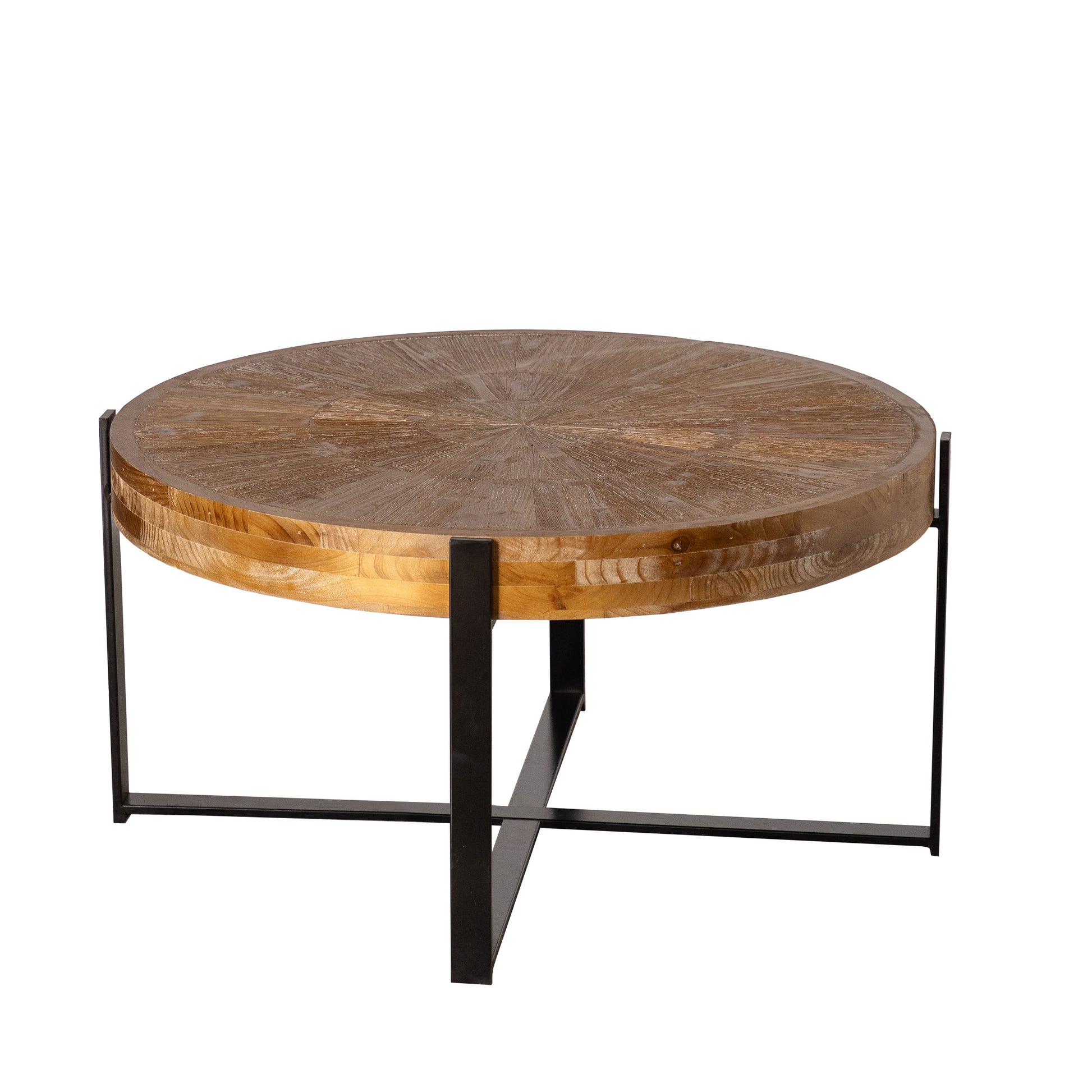 33.46"Retro Drawing Technology Splicing Round Coffee Table,Fir Wood Table Top With Black Cross Legs Base Natural Mdf Steel