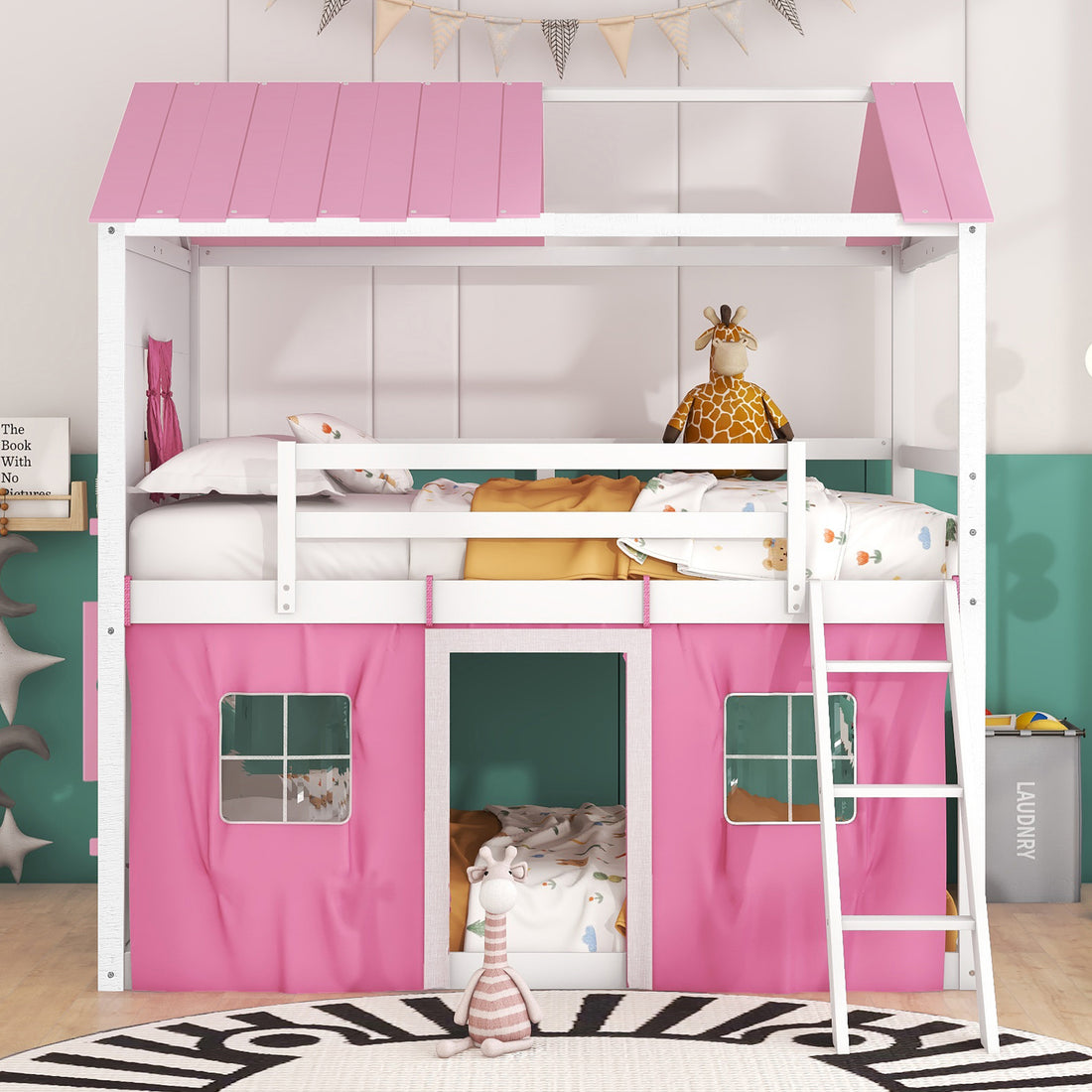 Full Size Bunk Wood House Bed With Elegant Windows, Sills And Tent, Pink White White Pink Solid Wood Mdf