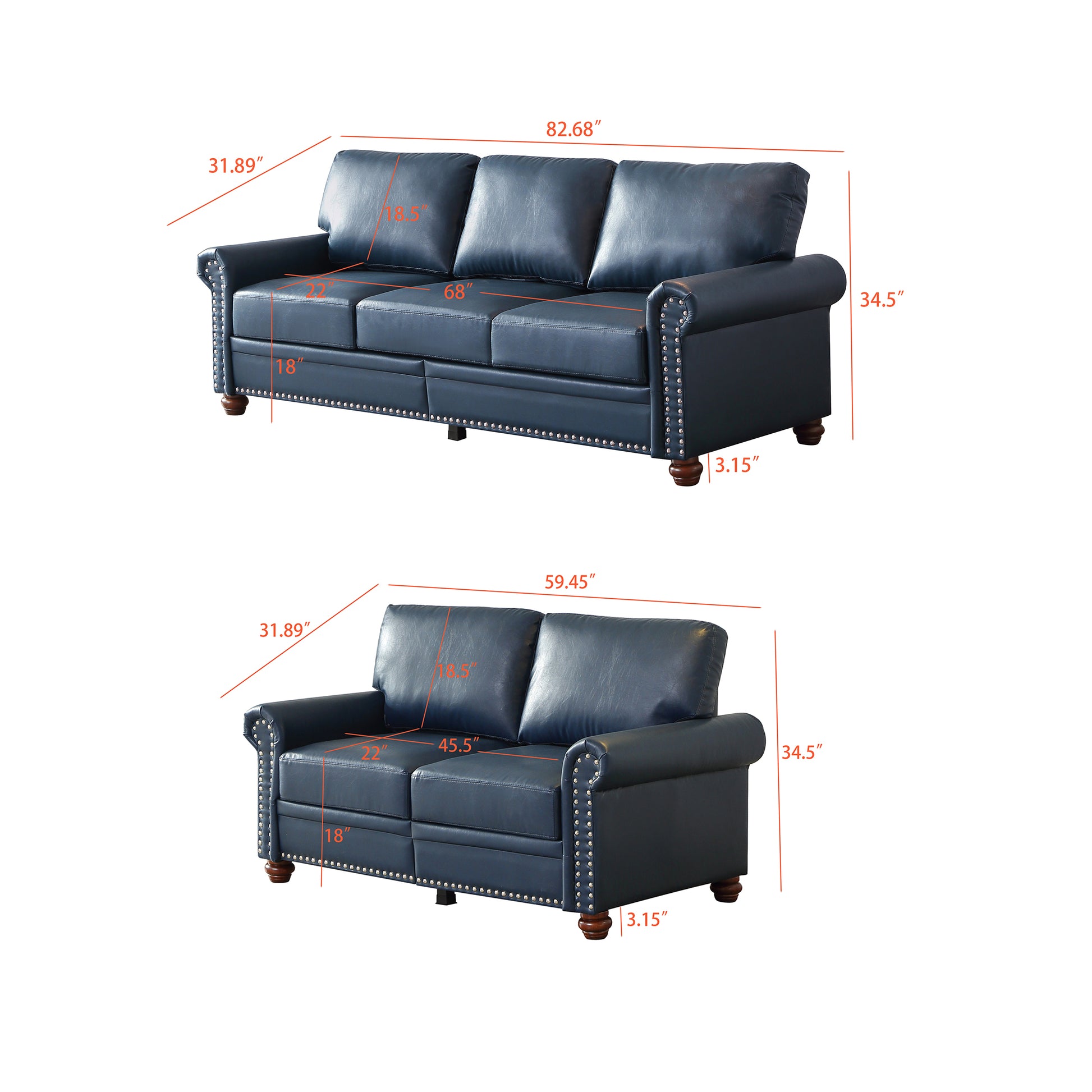 Living Room Sofa With Storage Sofa 2 3 Sectional Navy Blue Faux Leather Navy Blue Foam Pu Leather