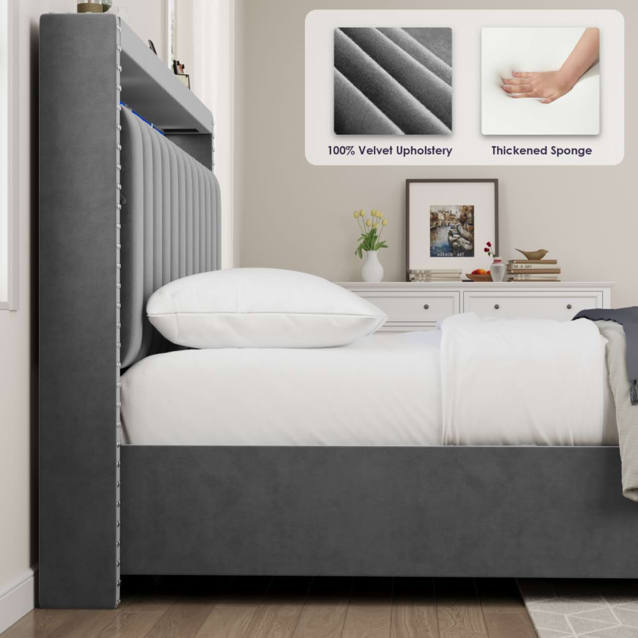 Luxury Gas Lift Storage Bed With Rf Led Lights, Storage Headboard ,Full Size ,Velvet Grey Box Spring Not Required Full Dark Grey Wood Brown Bedroom American Design Poplar Slat Beds Polyester Velvet Metal & Wood
