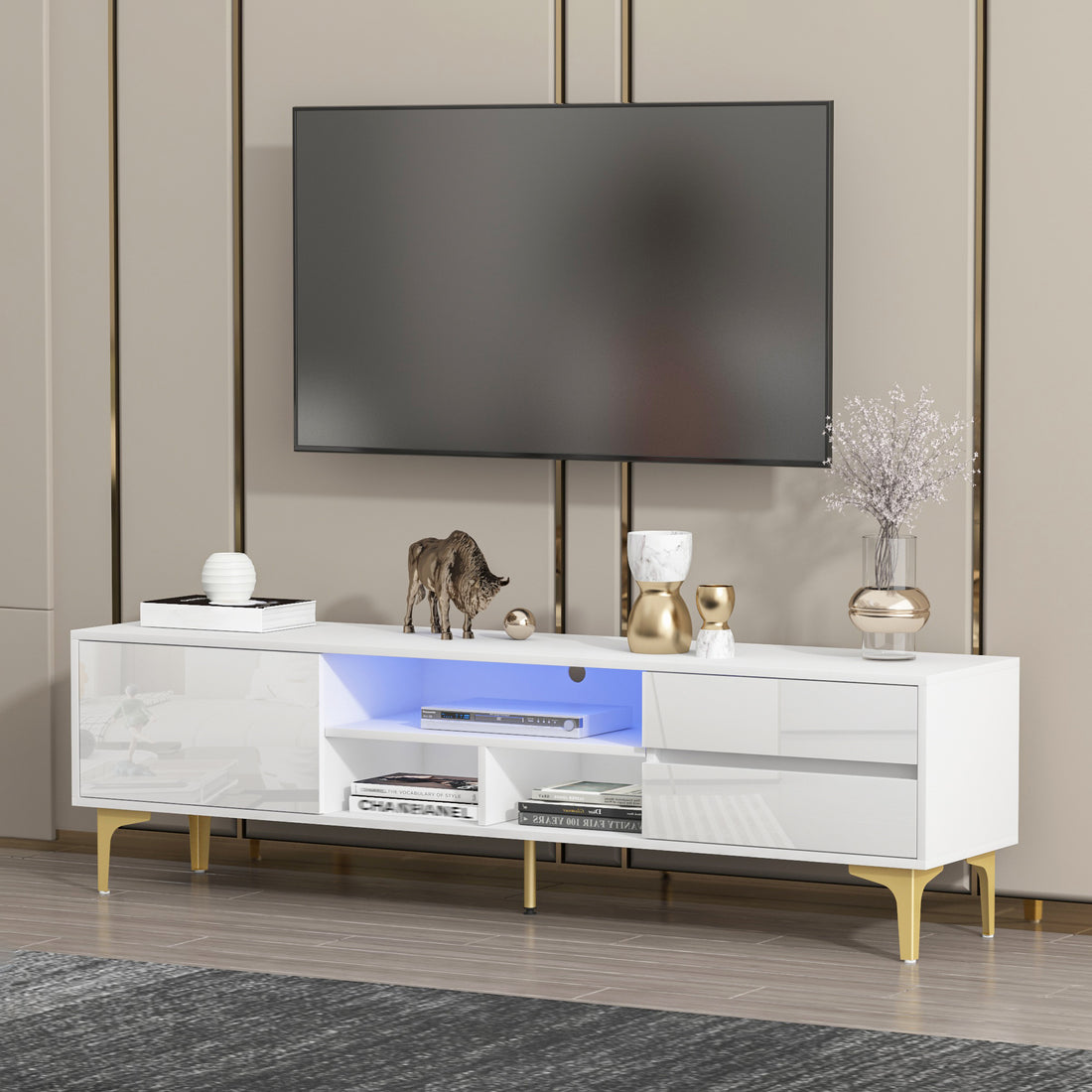 Tv Stand,Tv Cabinet,Entertainment Center,Tv Console,Media Console,With Led Remote Control Lights,Uv Bloom Drawer Panel,Gold Metal Table Legs, Can Be Placed In The Living Room, Bedroom, Color: White White White Primary Living Space 60 69 Inches 60 69