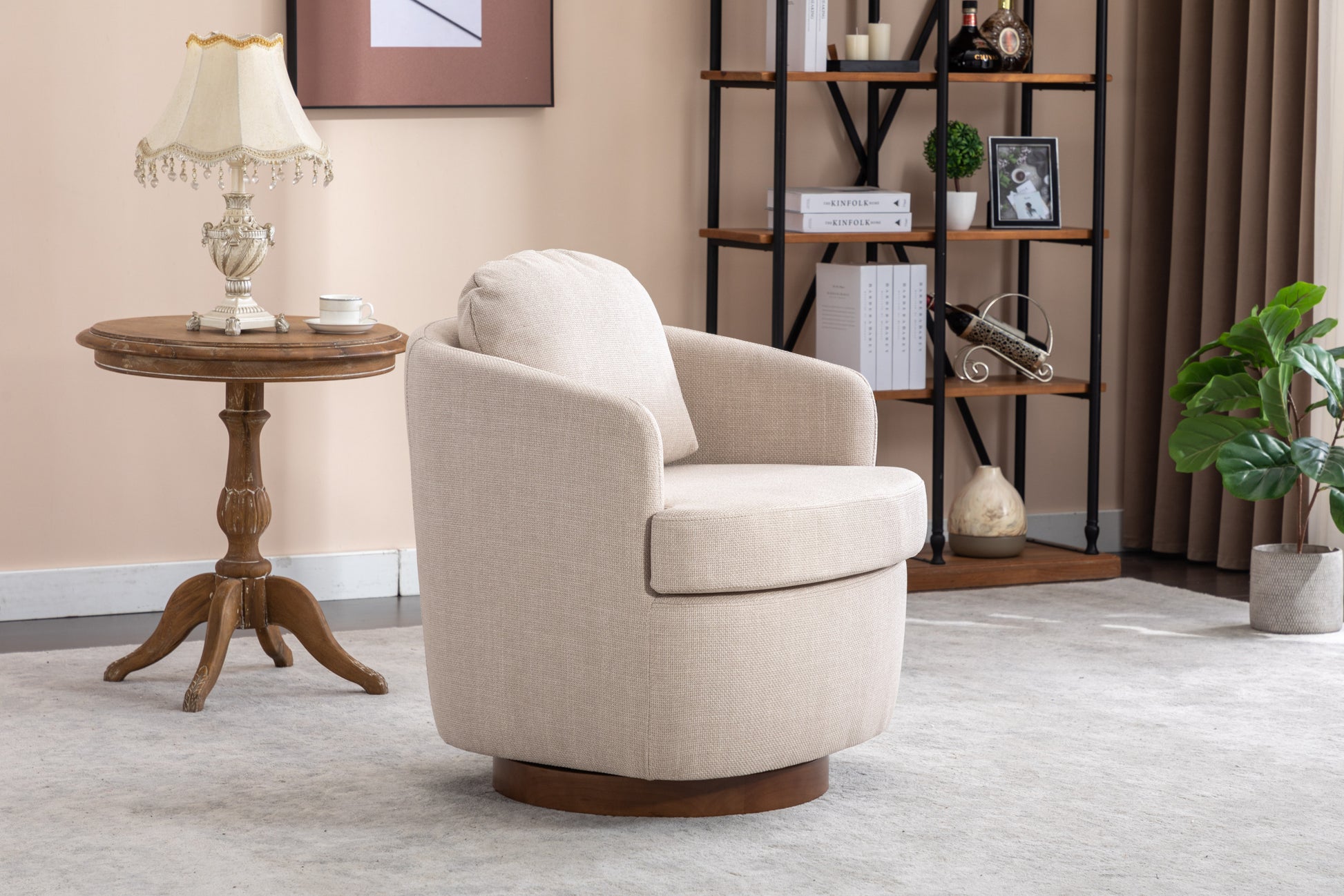 035 Linen Fabric Swivel Accent Chair With Soild Wood Round Brown Base Leg,Beige Beige Brown Primary Living Space Modern Eucalyptus Foam Linen
