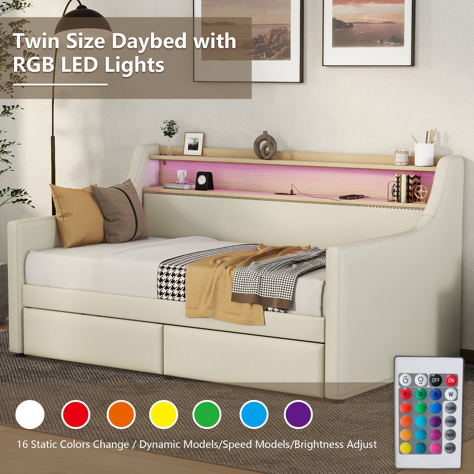 Twin Size Daybed With Storage Drawers, Upholstered Daybed With Charging Station And Led Lights, Beige Expect Arrive Date: Jun.,20Th. Twin Beige Pu Leather