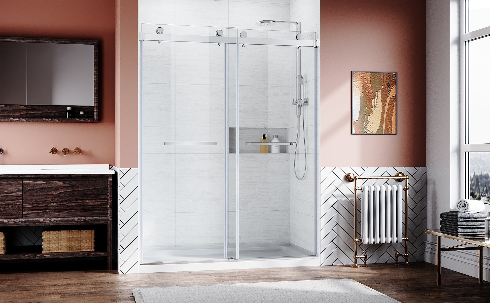 Frameless Sliding Shower Glass Door 56 60 In.W X 76 In. H,3 8" 10Mm Thick Clear Tempered Glass,Heavy Duty Stainless Steel Hardwares,Chrome Finish Chrome Stainless Steel