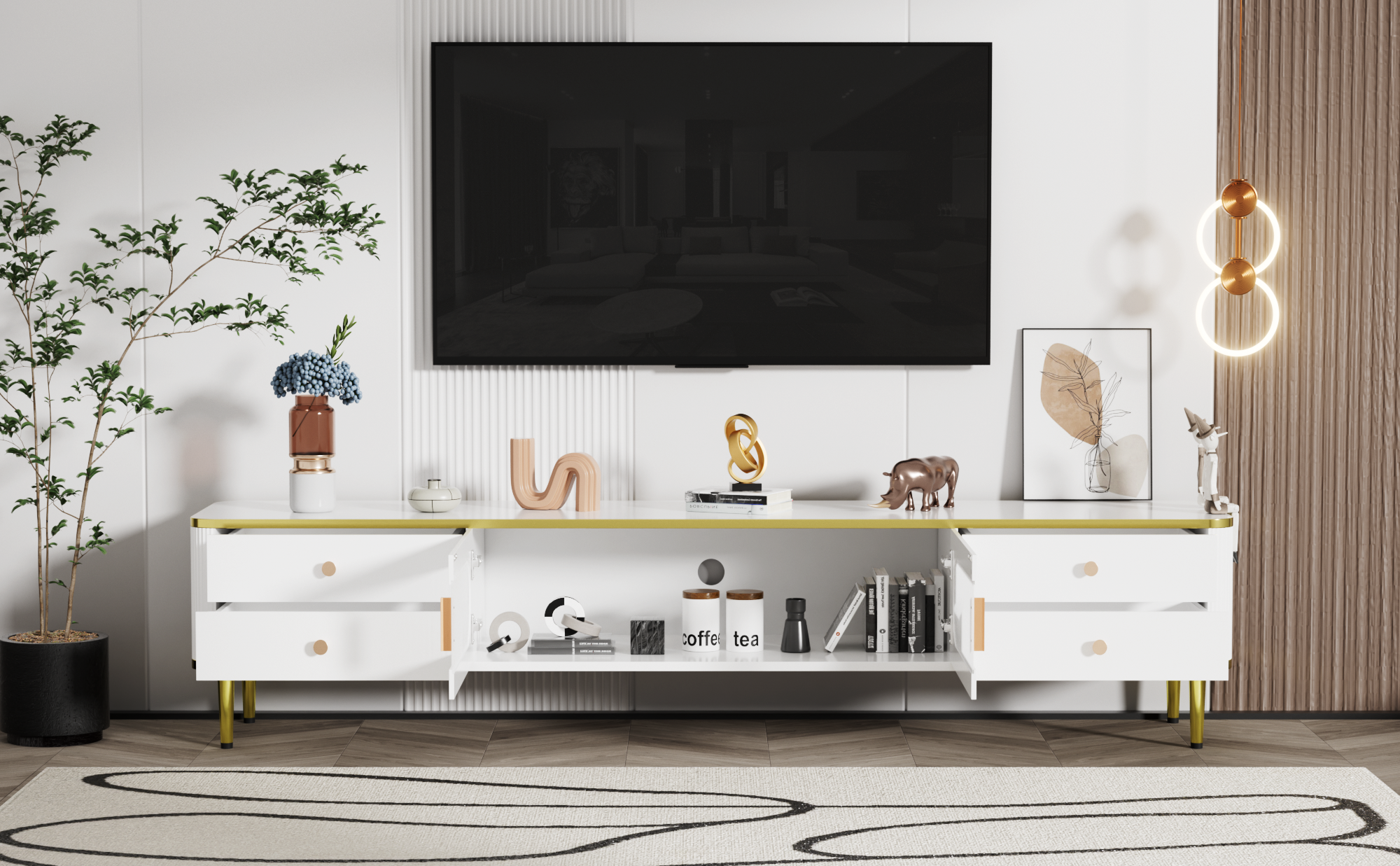 U Can TV Stand for 65 Inch TV, Entertainment Center TV white-mdf