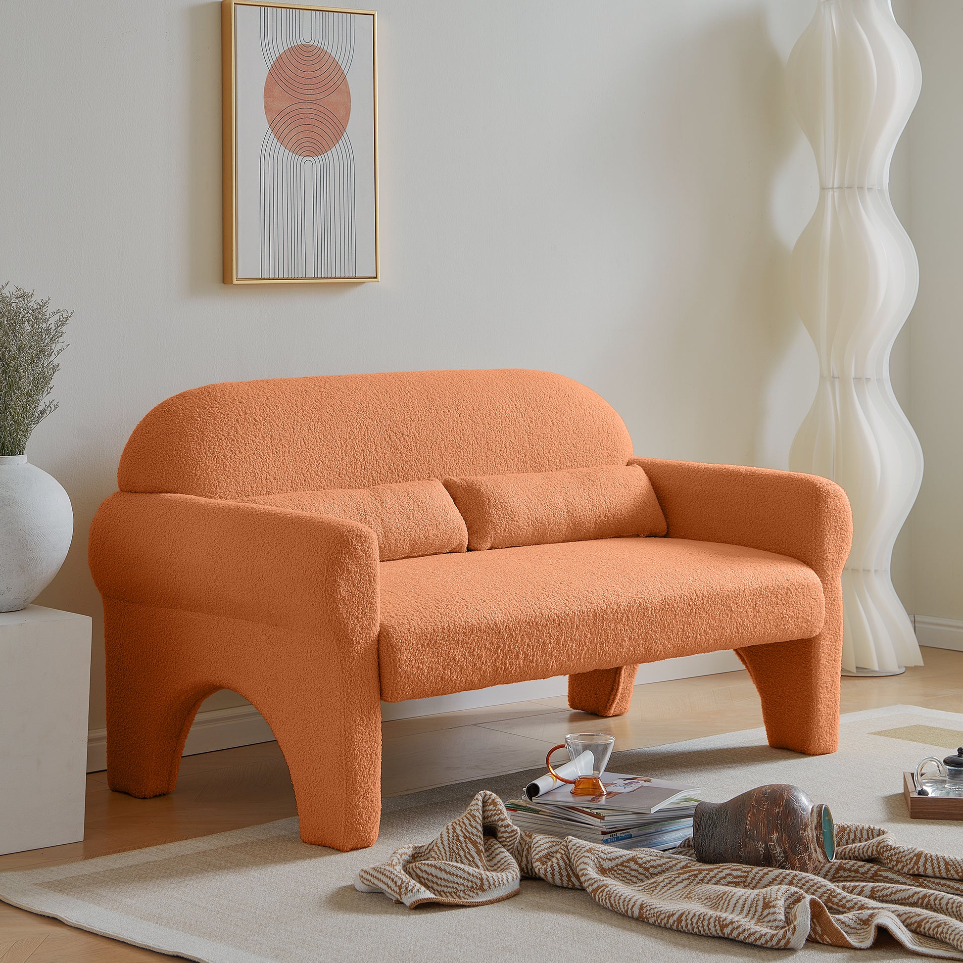 Modern Boucle Seat For Living Room Orange Foam 2 Seat