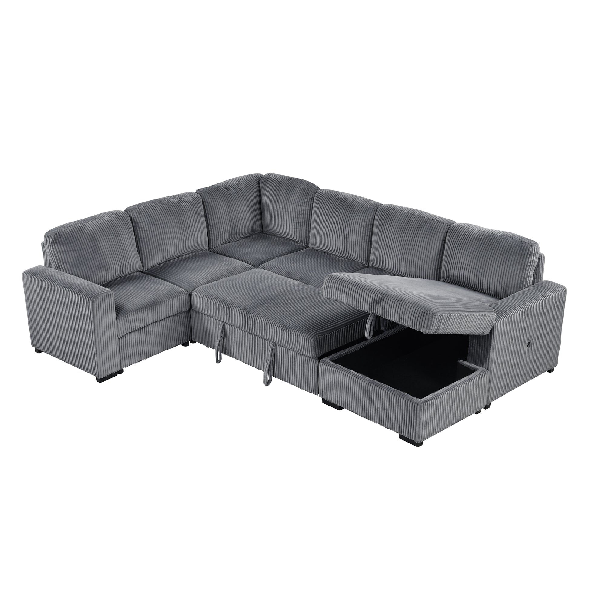 U Shaped Corduroy Combination Corner Sofa With Storage Lounge Chair, 6 Seater Oversized Sofa, With Usb Interfaces,Suitable For Living Room, Office, And Spacious Space Gray Polyester 6 Seat