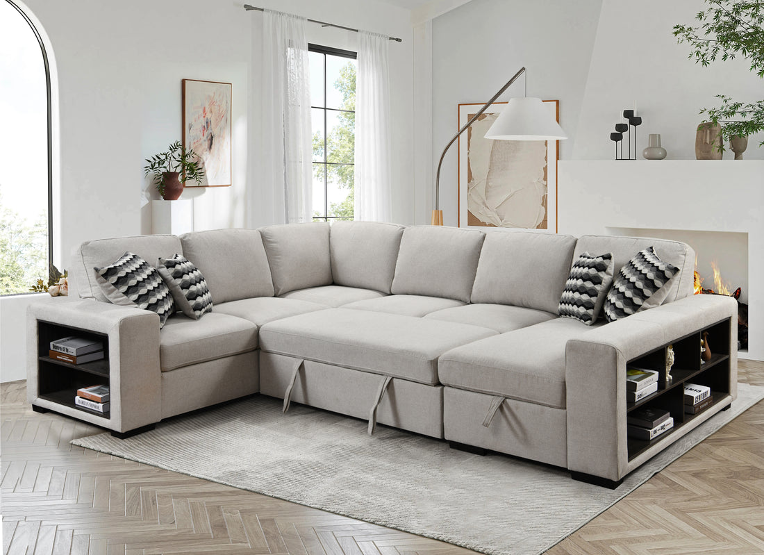 125'' Modern U Shaped 7 Seat Sectional Sofa Couch With Cabinet,Sofa Bed With Storage Chaise Pull Out Couch Bed For Living Room,Beige Light Brown Wood Primary Living Space Heavy Duty Eucalyptus 7 Seat Beige Polyester Soft Pillow Back Modern Square Arms